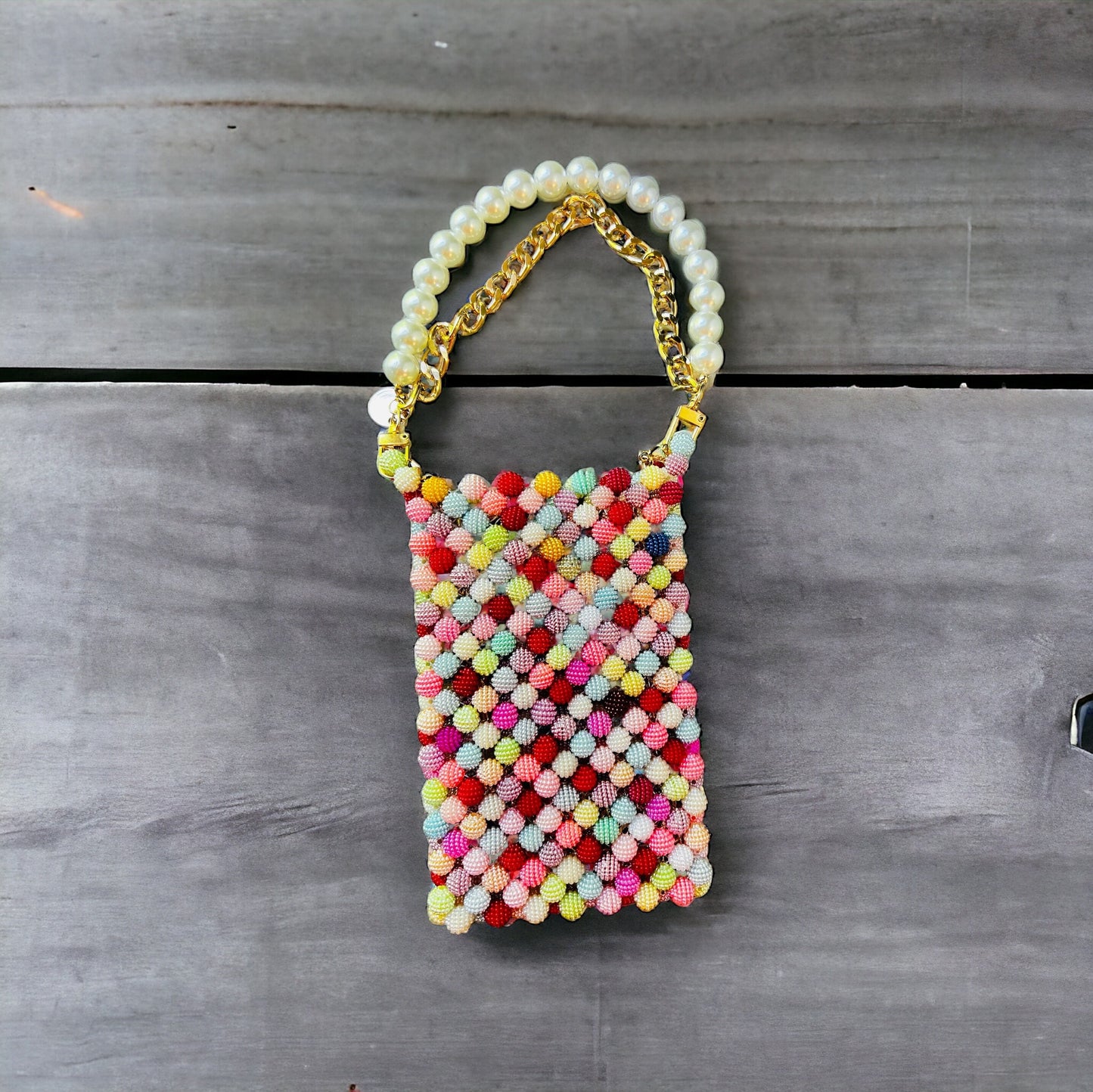 Beaded Phone Bag: Acrylic Pearl Crossbody Clutch