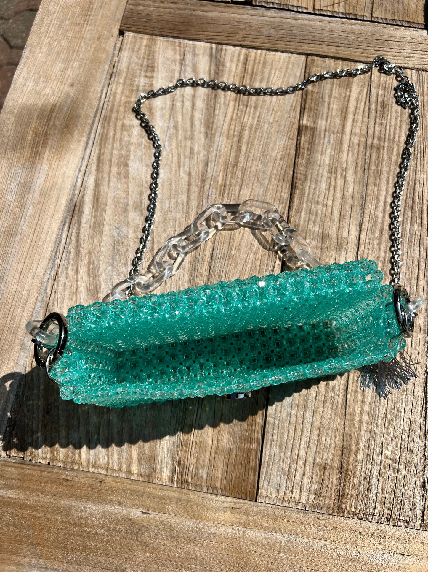 Teal Beaded Shoulder Bag: Modern Acrylic Chain Crossbody
