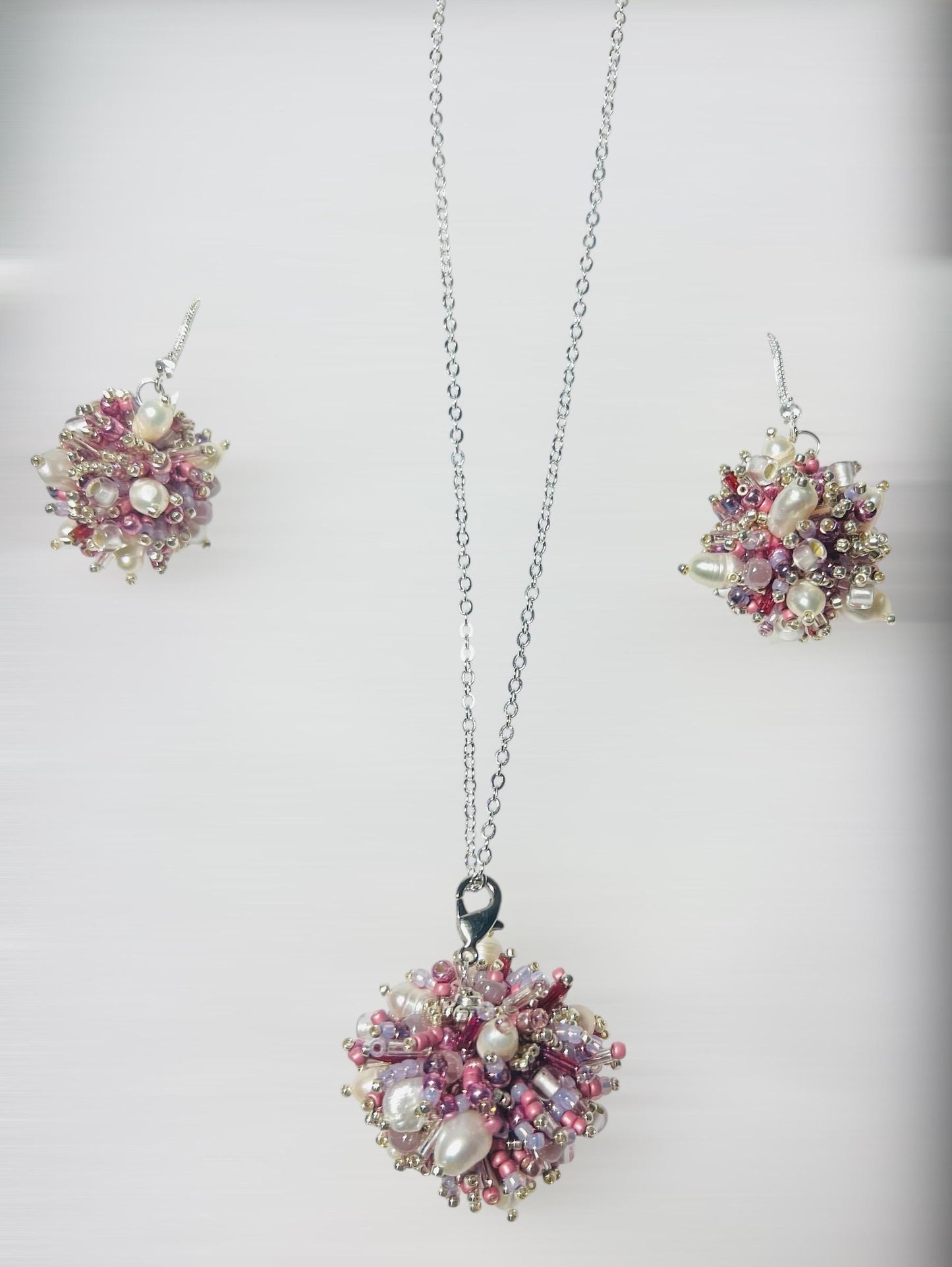 Blossom sphere earrings, Sphere beaded set, Pearl gift