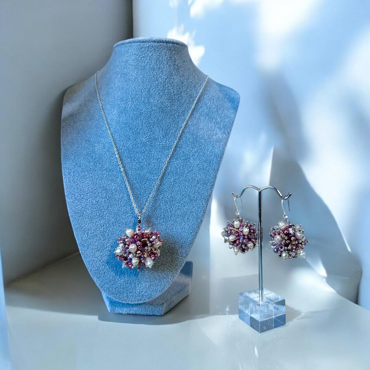 Blossom sphere earrings, Sphere beaded set, Pearl gift