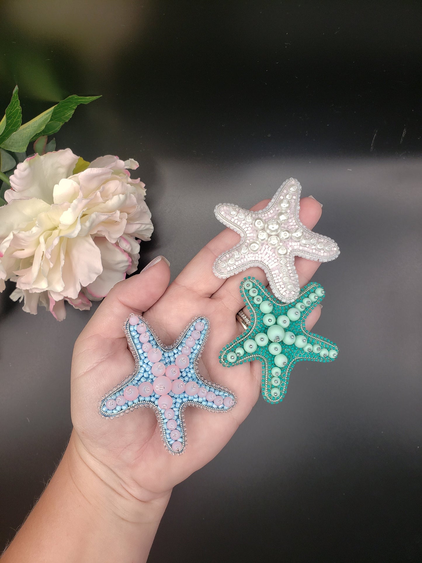 Handcrafted Starfish Brooch: Glass Pearls, Ocean Theme