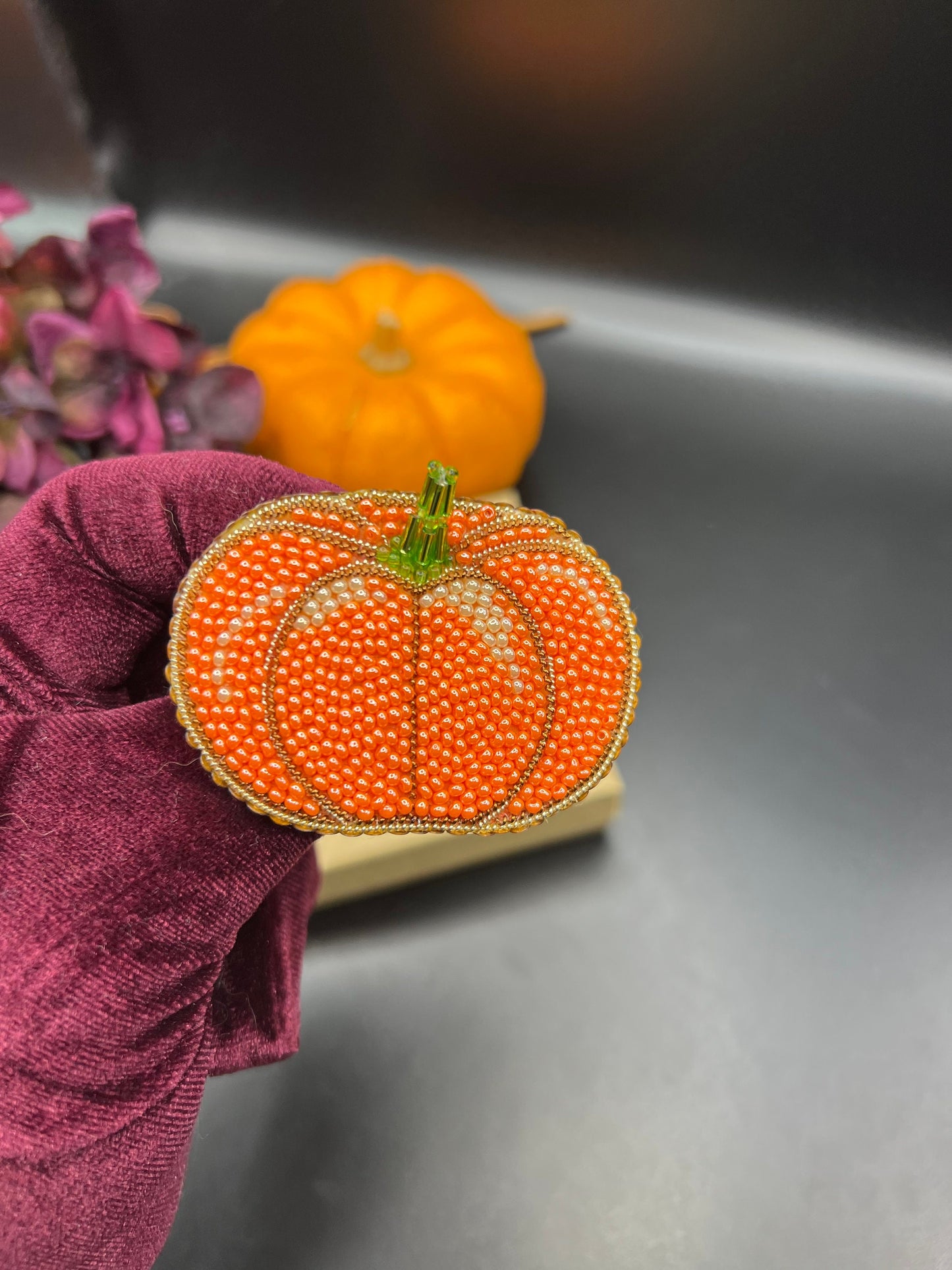 Handcrafted Glass Bead Pumpkin Brooch: Fall Pin Gift