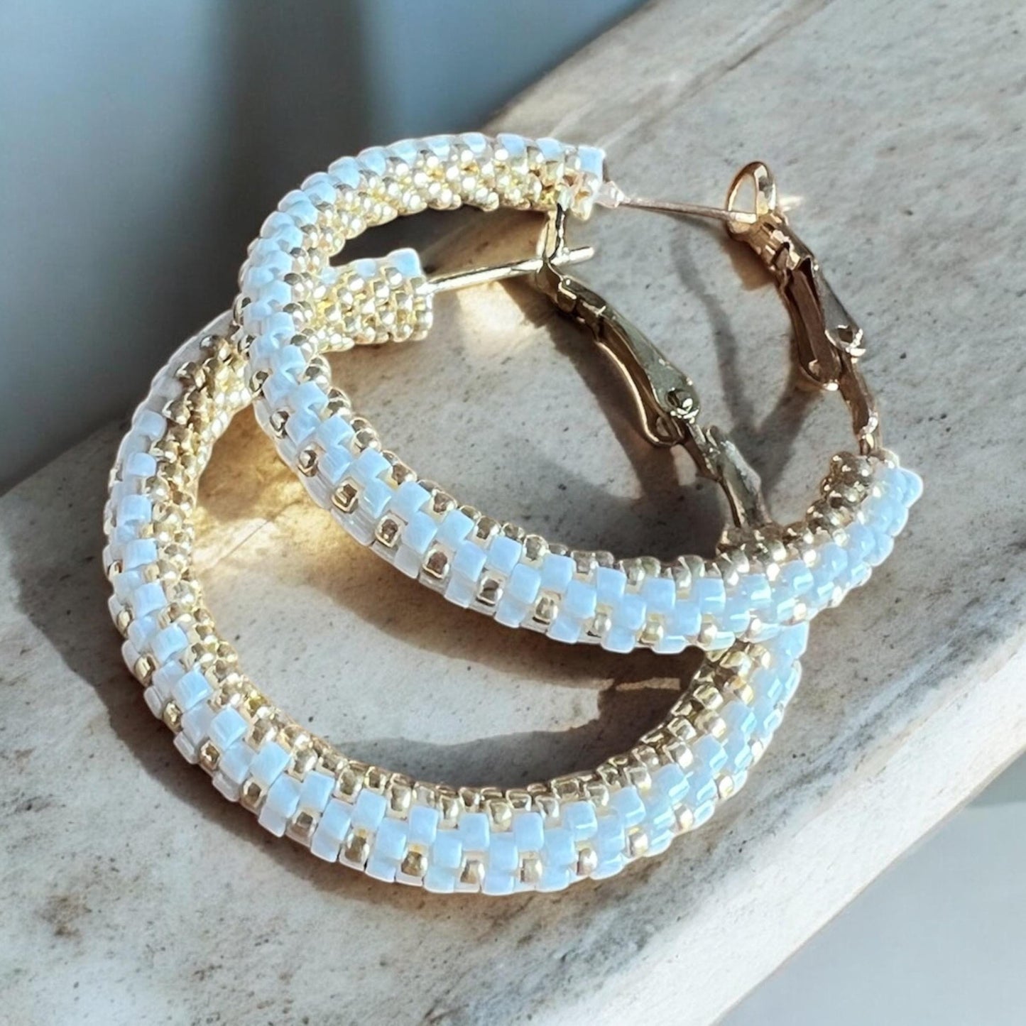 Shimmering peyote stitch hoop earrings, summer hoop earrings