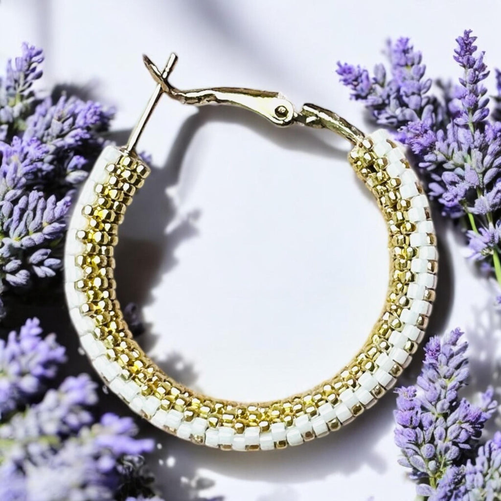 Shimmering peyote stitch hoop earrings, summer hoop earrings