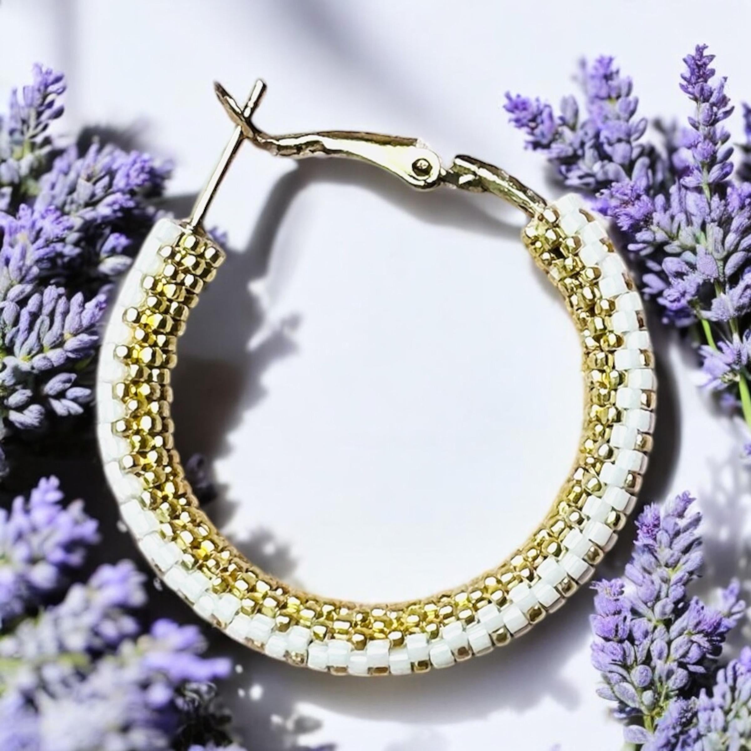Shimmering peyote stitch hoop earrings, summer hoop earrings