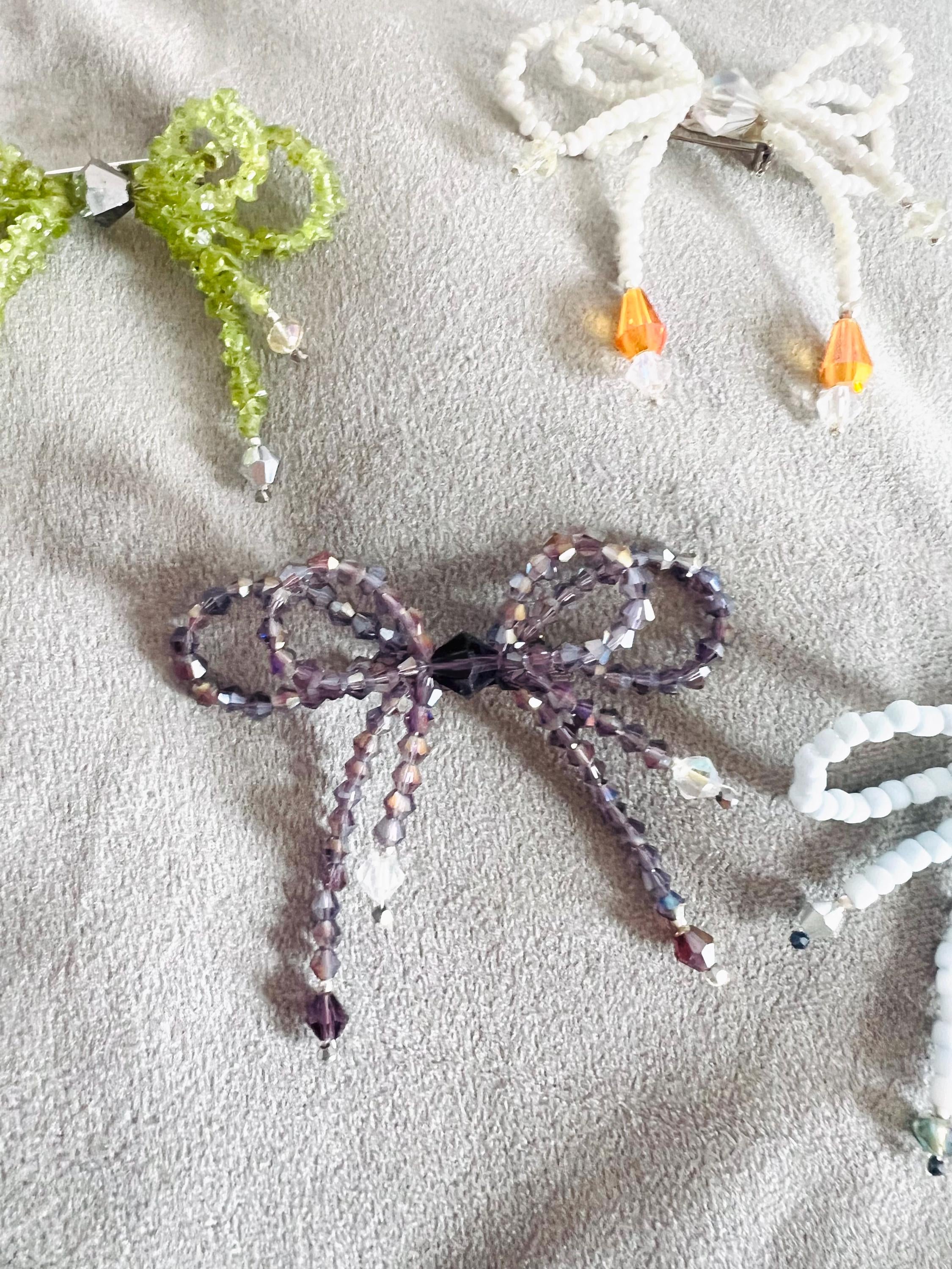 Handcrafted Double Bow Pin: Stone Chip Beaded Brooch