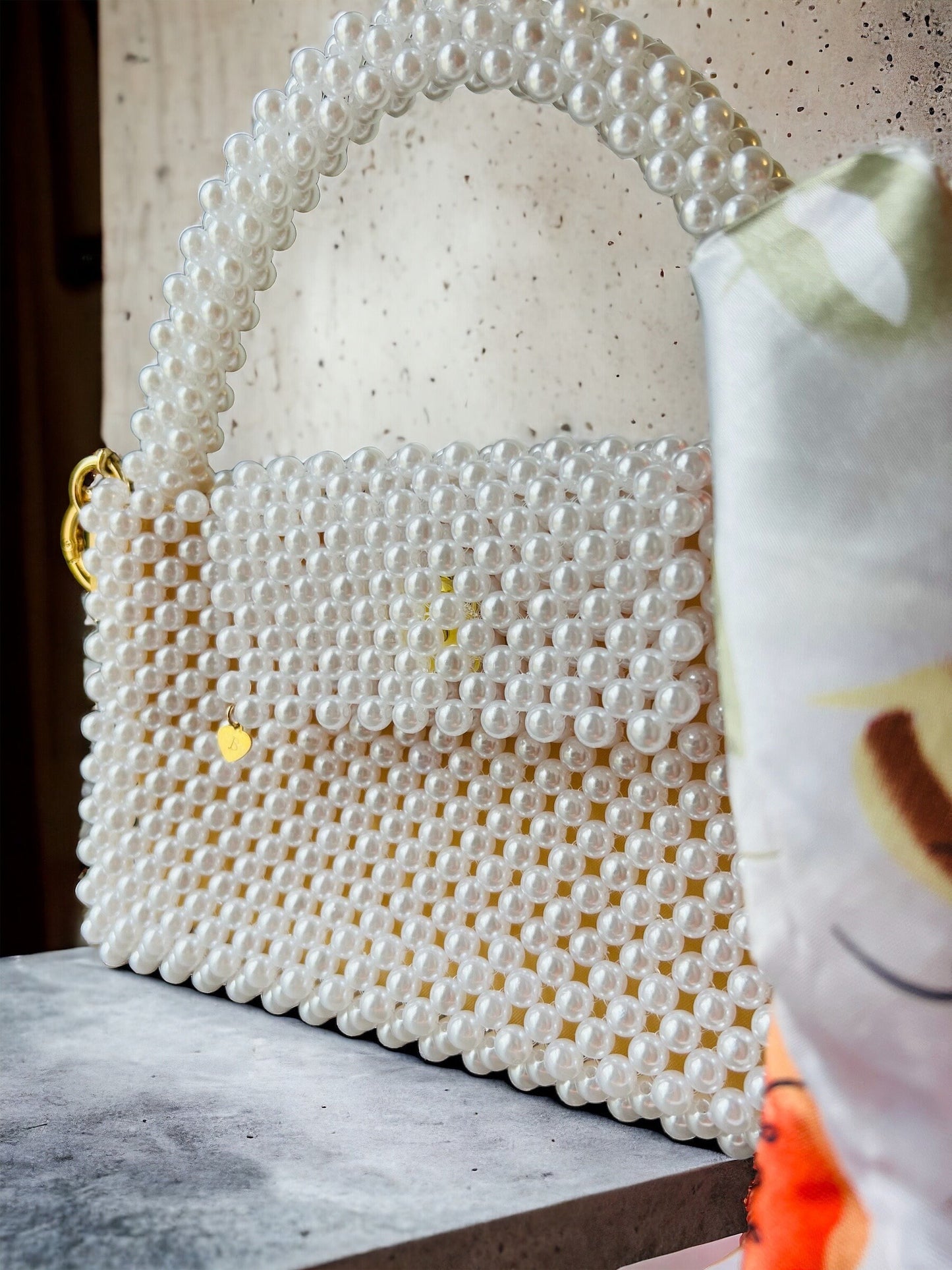 Pearl crossbody, white designer bag, imitation Pearl beaded handbag