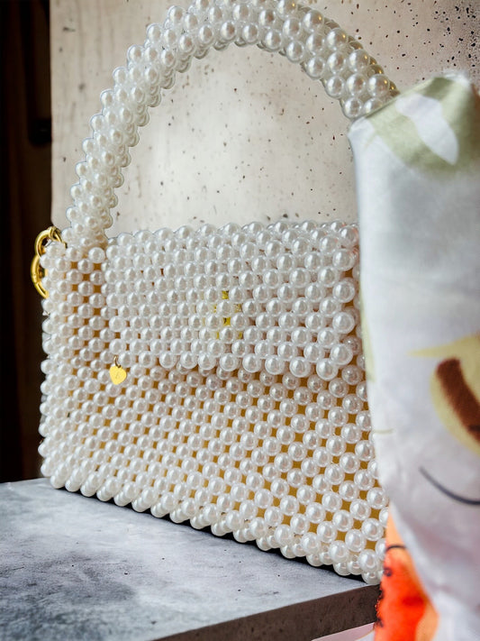 Pearl crossbody, white designer bag, imitation Pearl beaded handbag