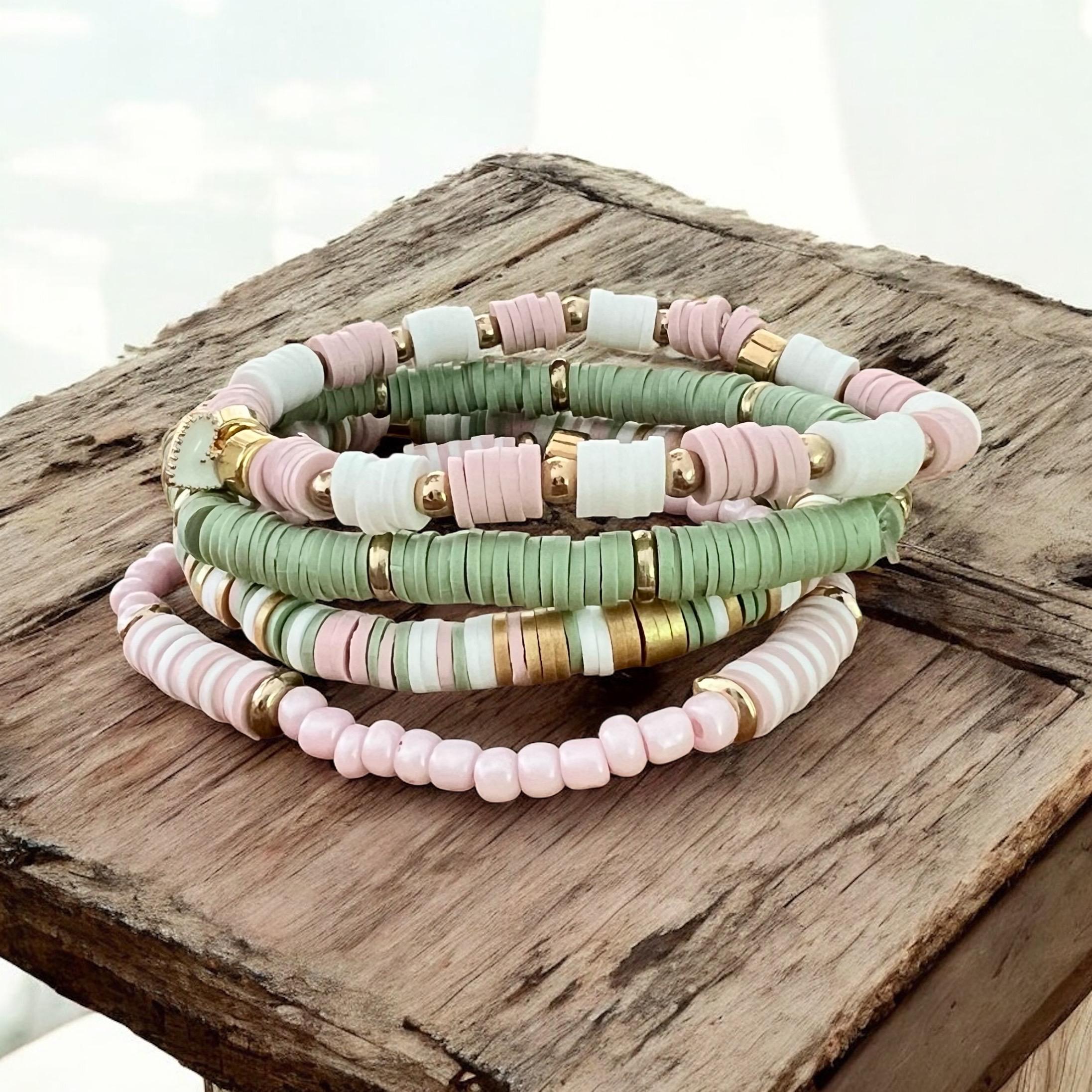 Polymer Clay Stacking Bracelets Set: Summer Elastic Beaded Jewelry
