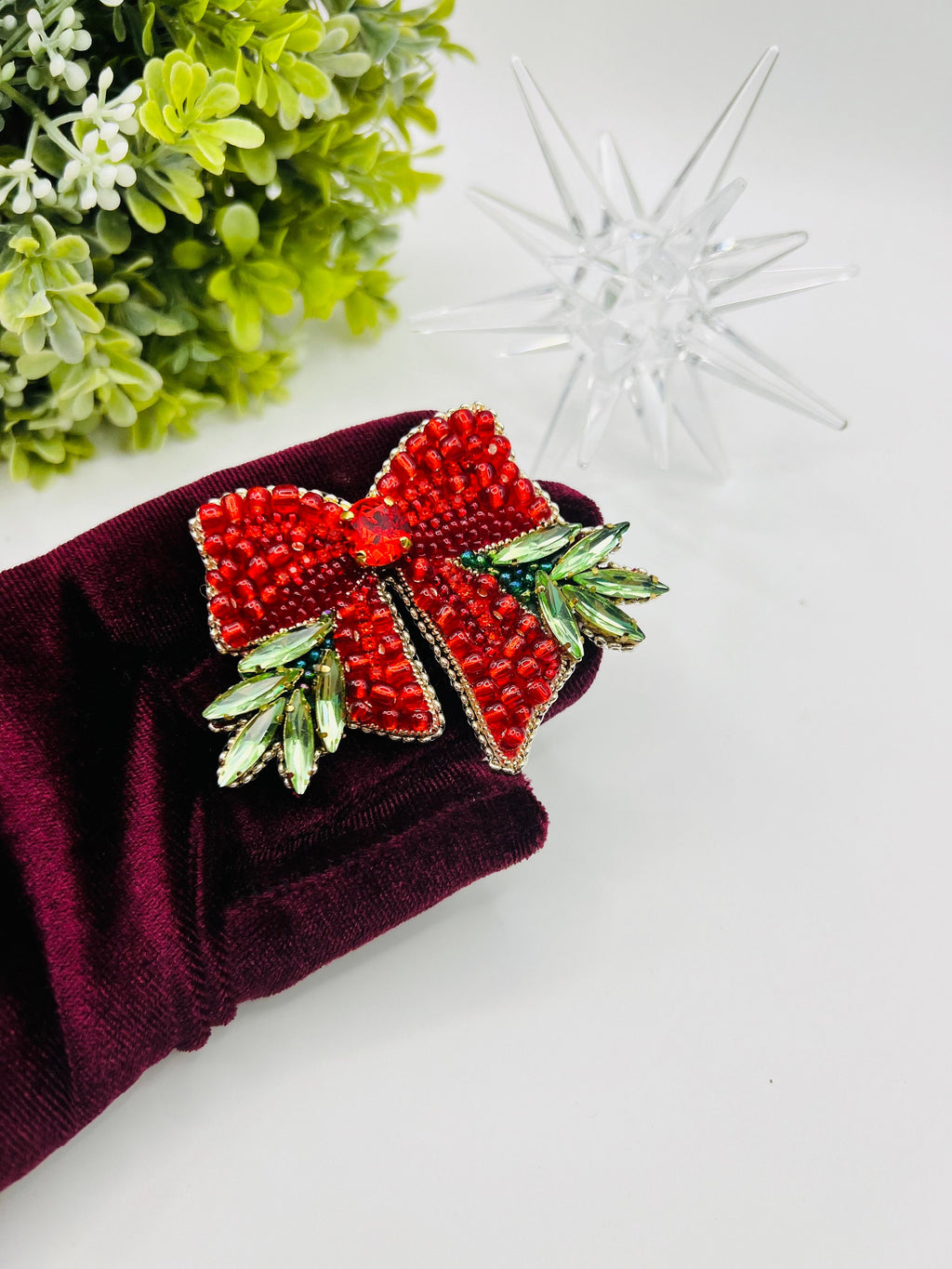 Red Crystal Bow Brooch: Festive Holiday Pin