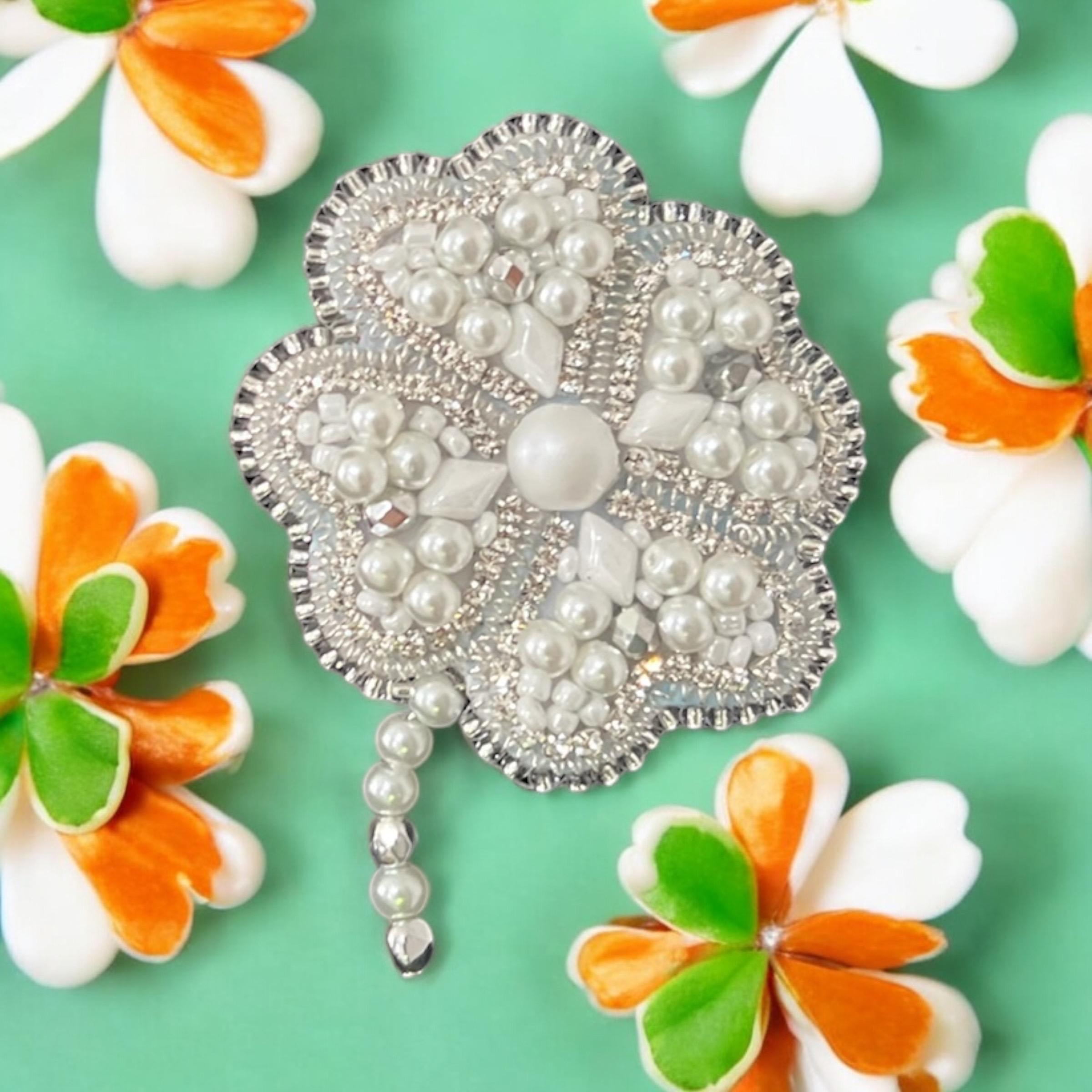 Freshwater Pearl Shamrock Pin: Lucky Crystal Brooch