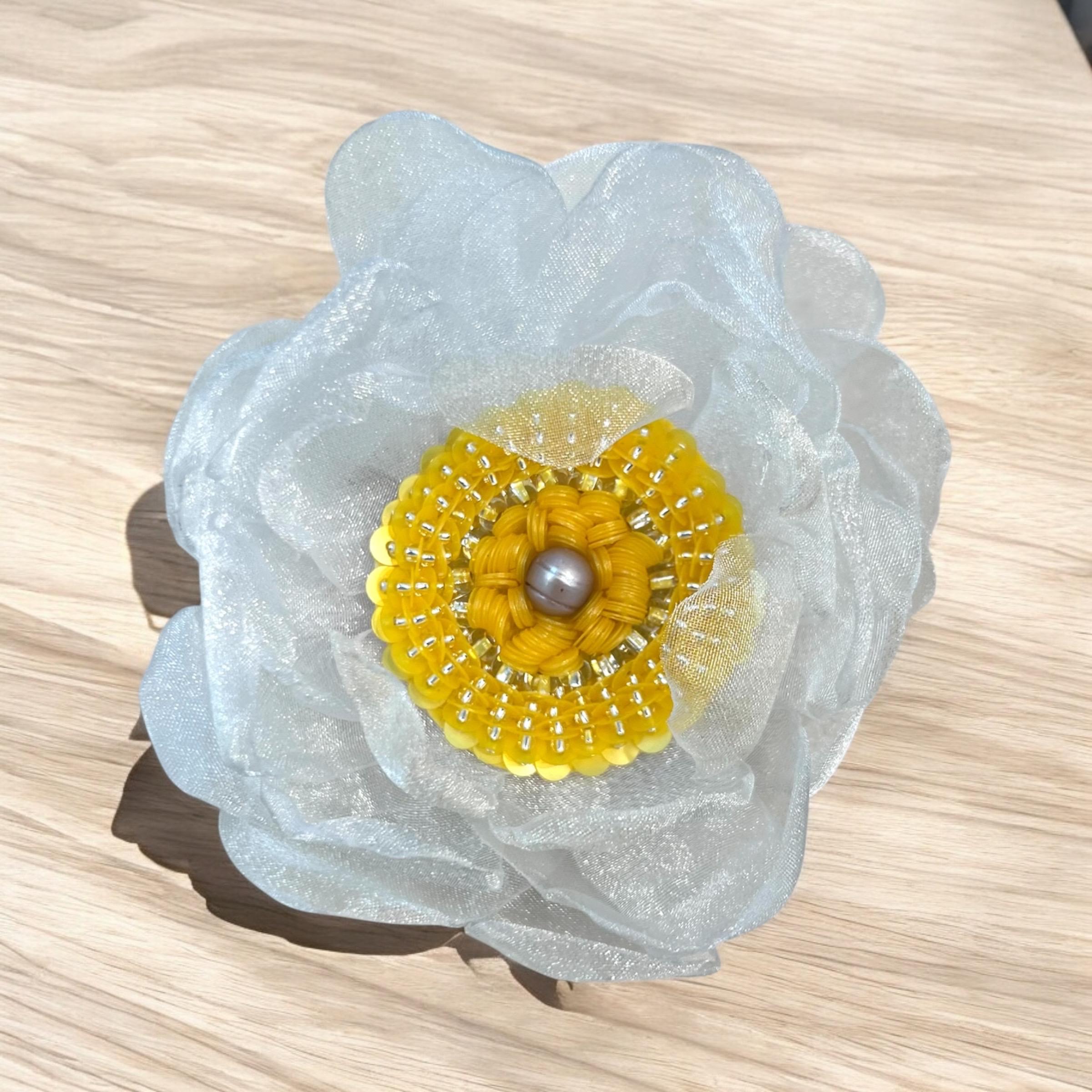 Handcrafted Organza Anemone Flower Pin: Embroidered Beaded Hair Clip