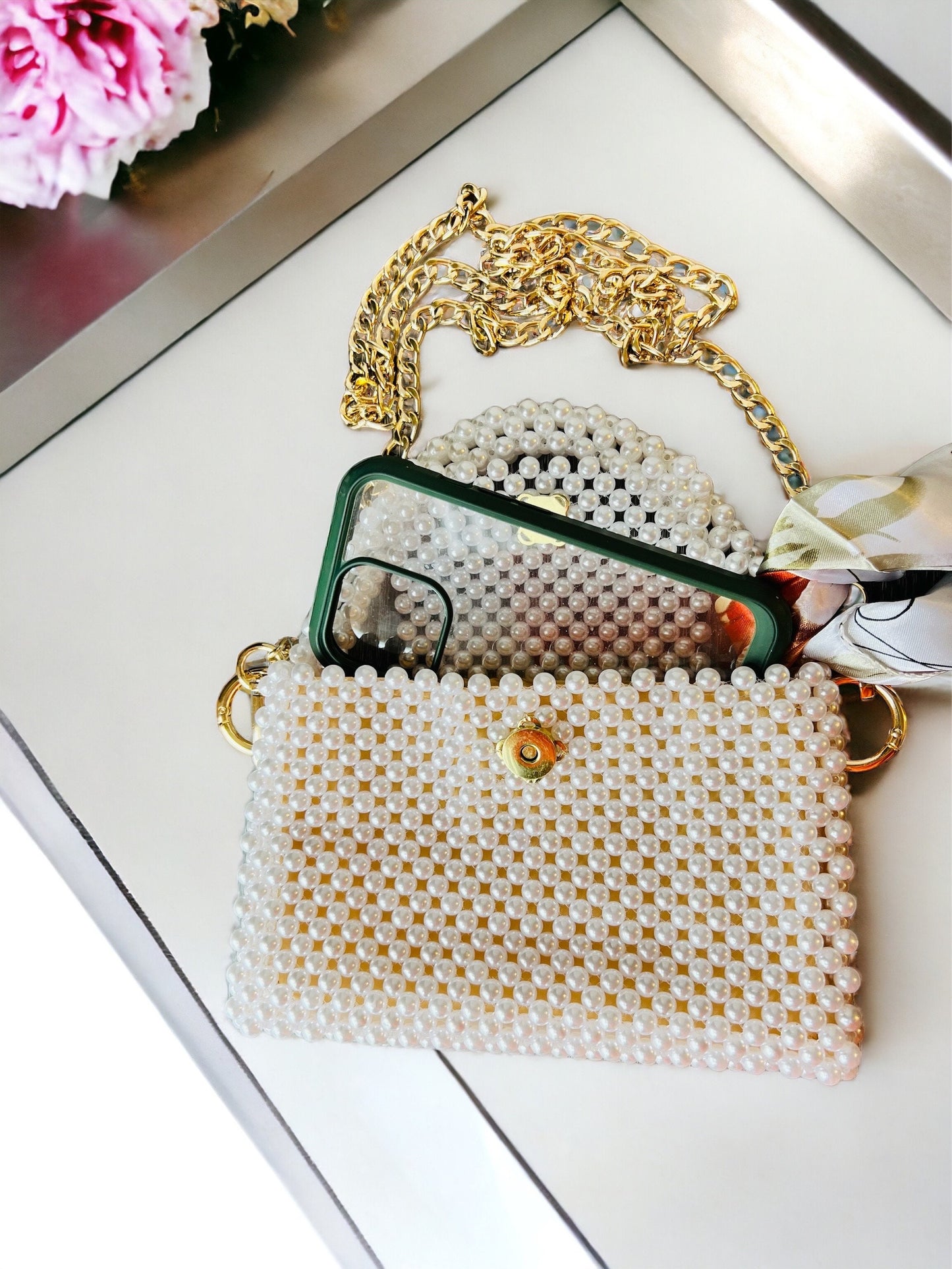Pearl crossbody, white designer bag, imitation Pearl beaded handbag