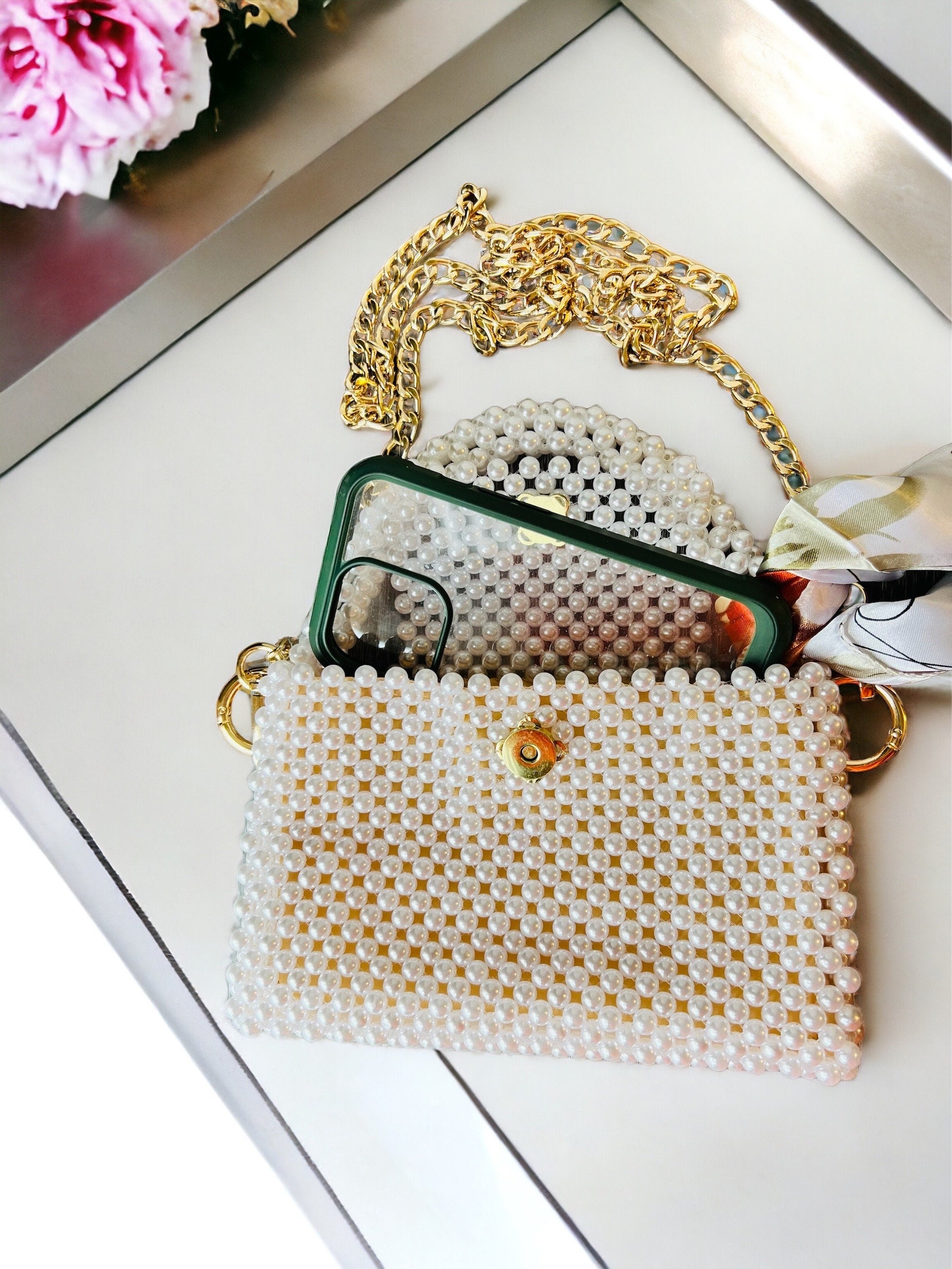 Pearl crossbody, white designer bag, imitation Pearl beaded handbag
