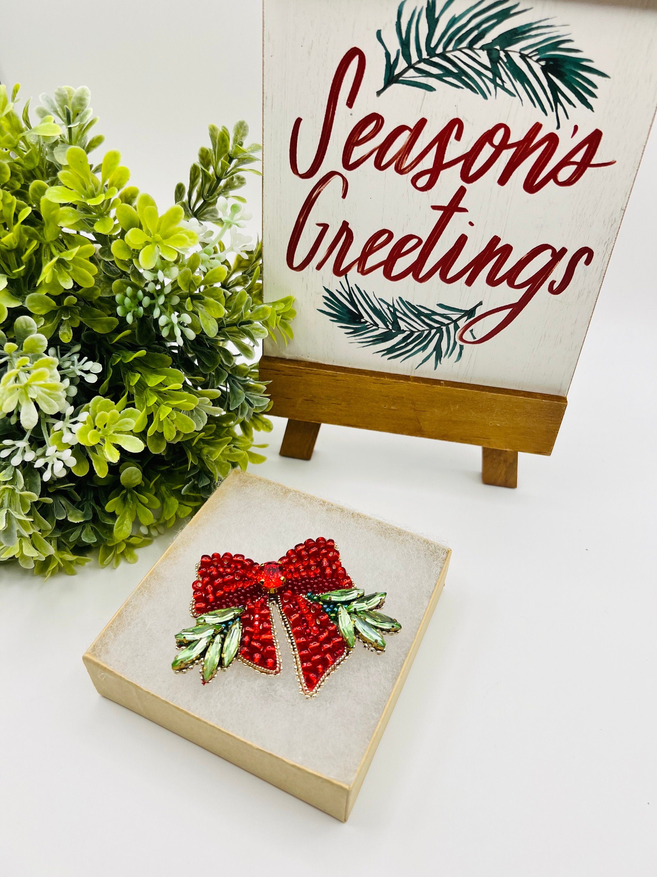 Red Crystal Bow Brooch: Festive Holiday Pin