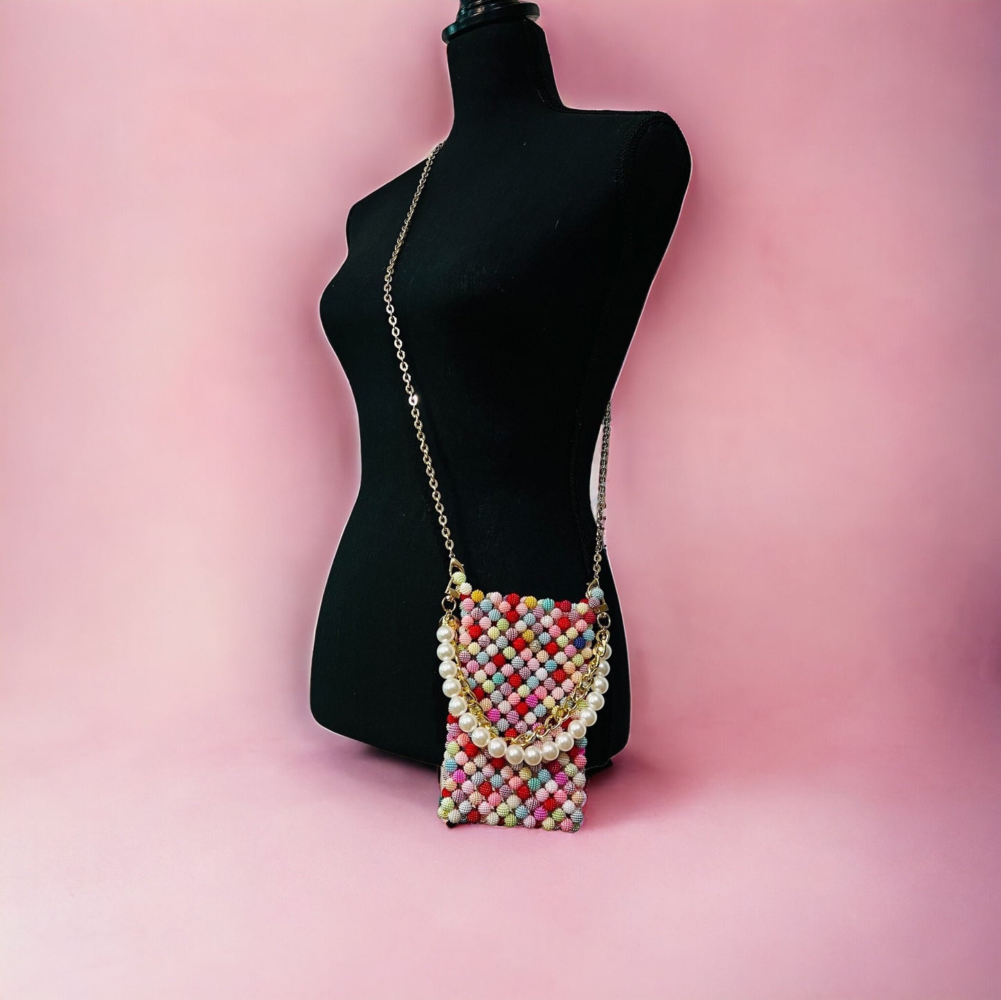 Beaded Phone Bag: Acrylic Pearl Crossbody Clutch