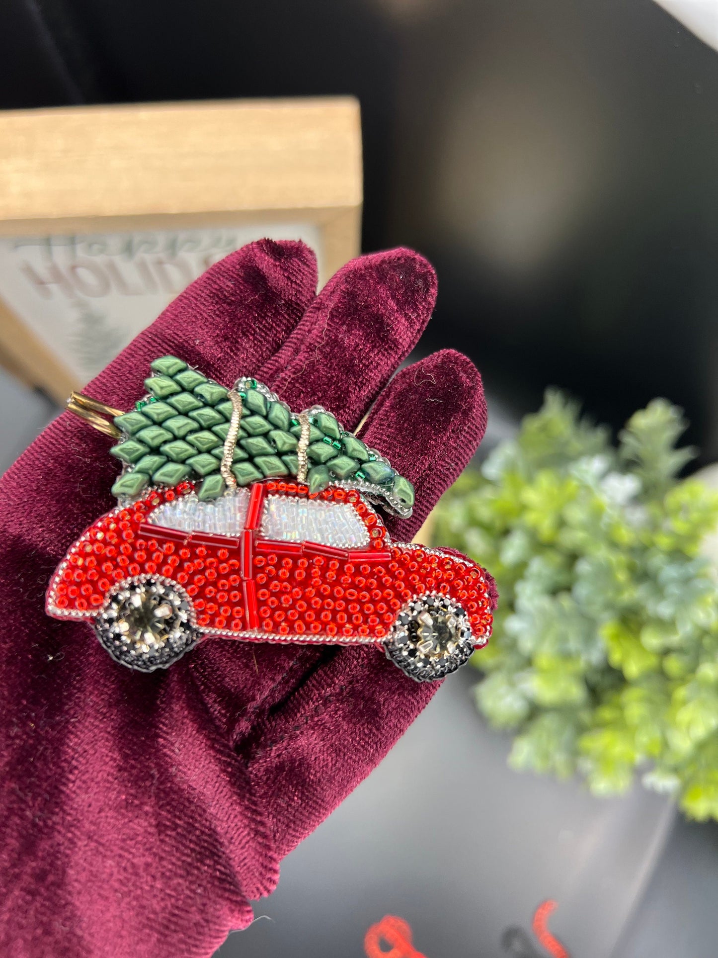 Beaded Christmas Brooch: Holiday Car, Tree, Bells, Snowman