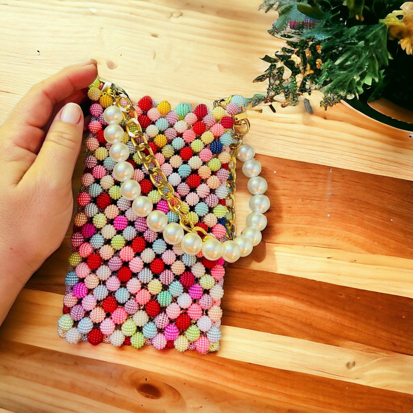 Beaded Phone Bag: Acrylic Pearl Crossbody Clutch