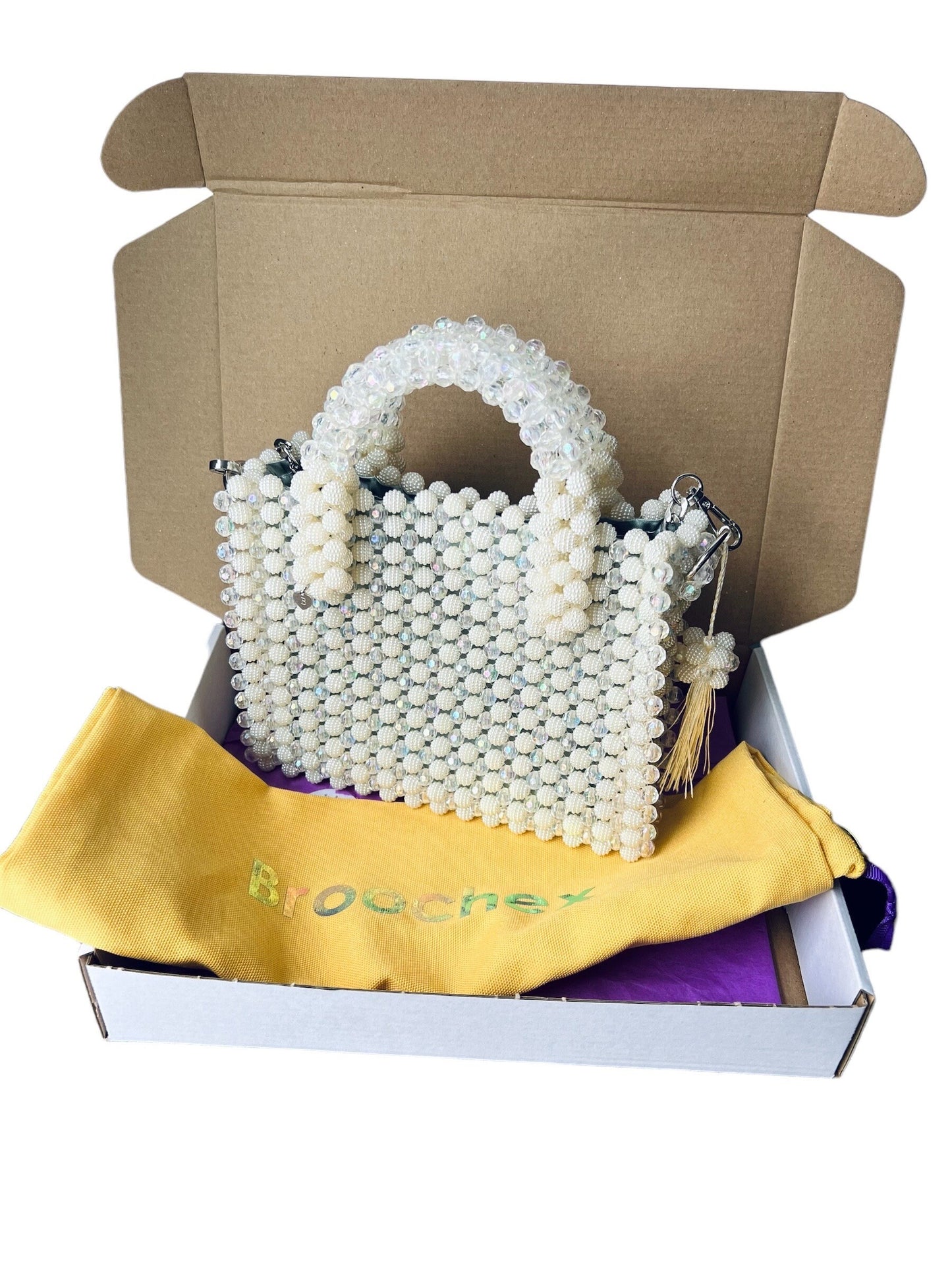 Beaded Crossbody Bag: Stylish White Handbag with Stainless Steel Strap
