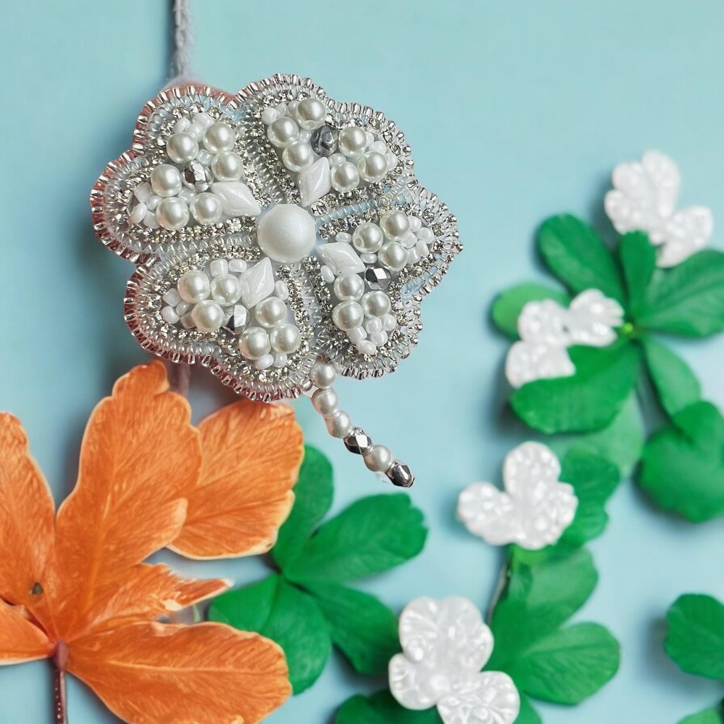 Freshwater Pearl Shamrock Pin: Lucky Crystal Brooch