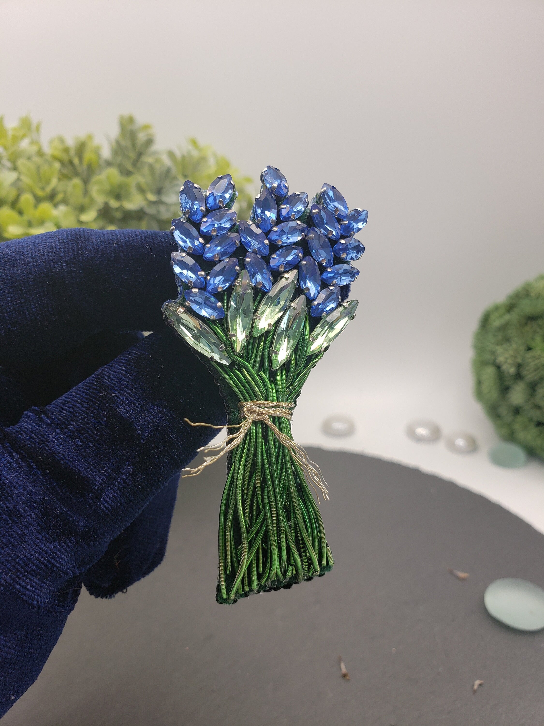Handmade Crystal Lavender Brooch: Rhinestone Bouquet Pin