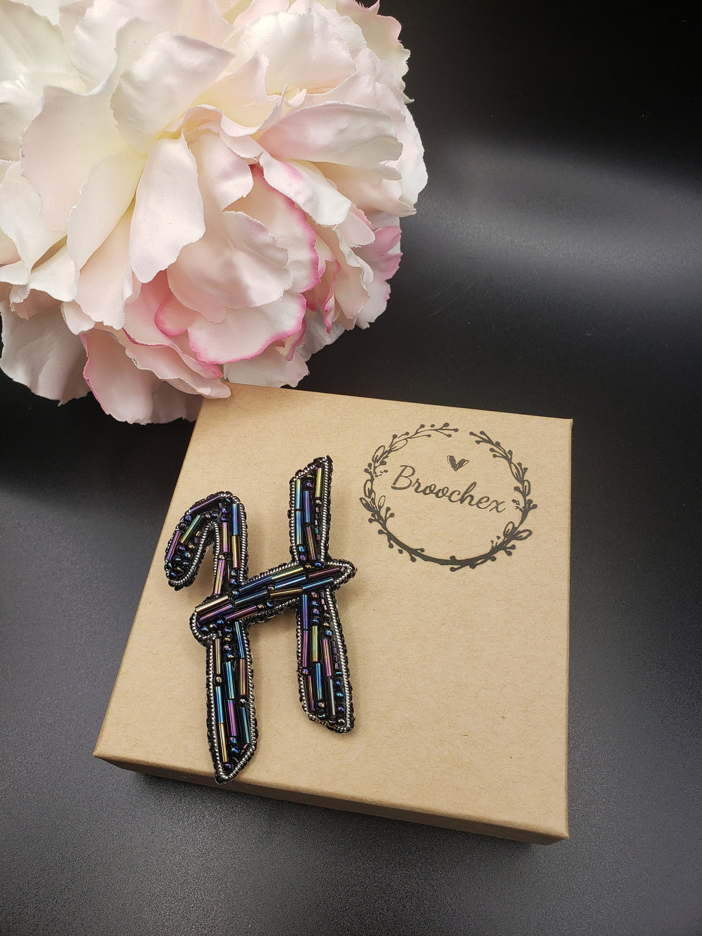 Handcrafted Letter H Brooch, Glass Bead Initial Pin