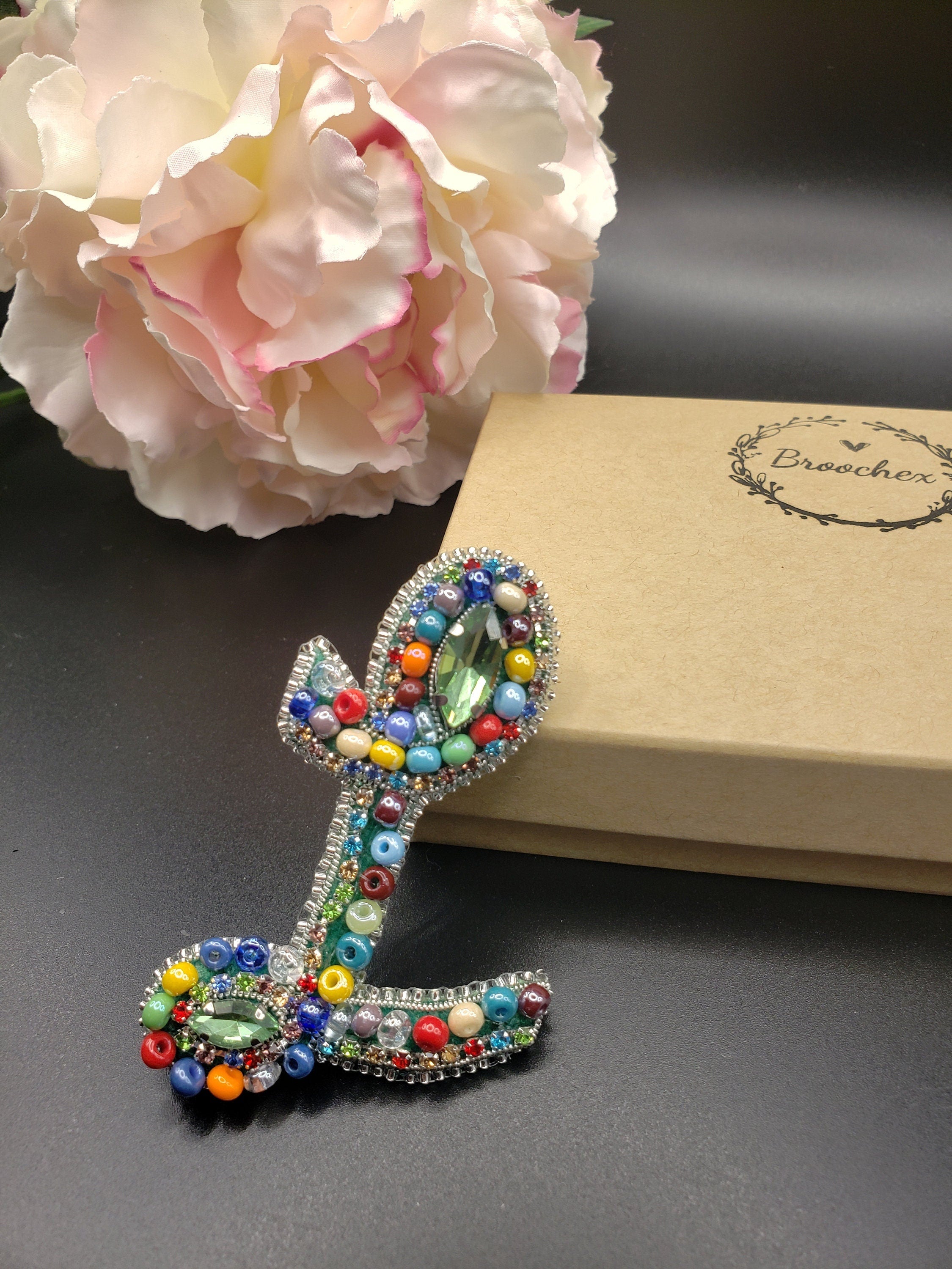 Handcrafted Letter L Brooch: Czech Glass Bead Name Pin