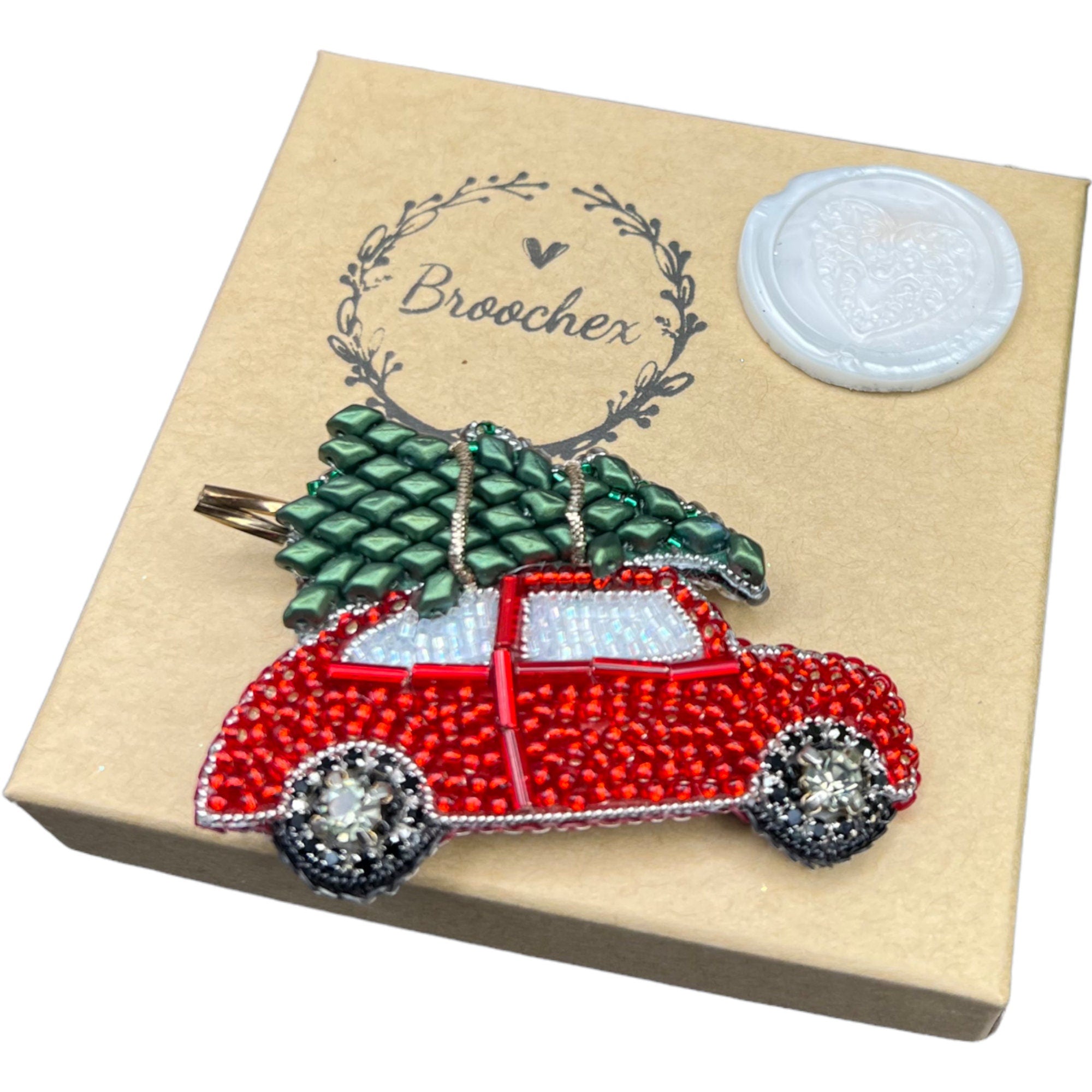 Beaded Christmas Brooch: Holiday Car, Tree, Bells, Snowman