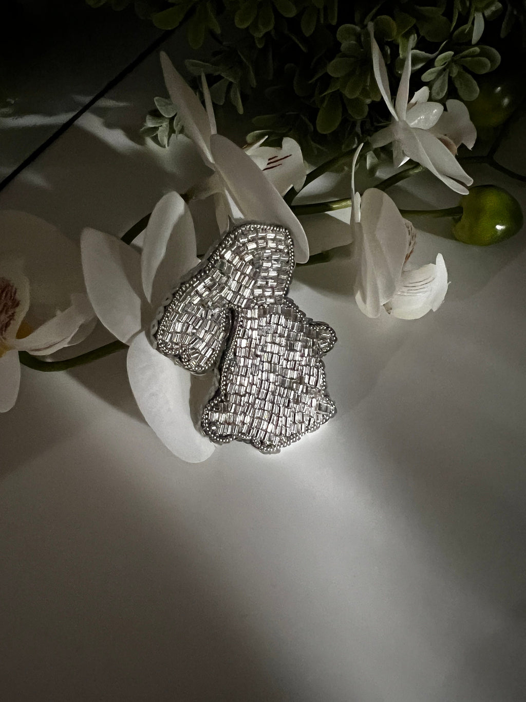 Silver Bunny Brooch: Miyuki Glass Bead Easter Pin