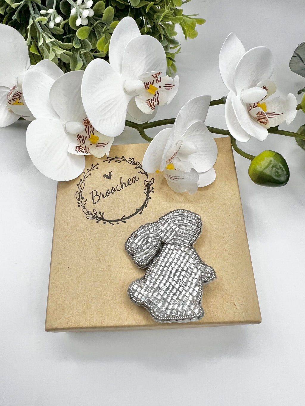 Silver Bunny Brooch: Miyuki Glass Bead Easter Pin