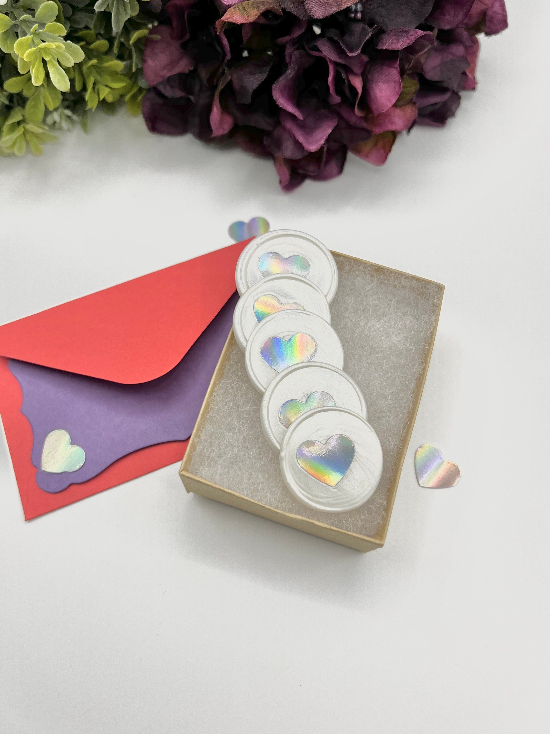 Holographic Heart Wax Seal Stickers, Gift Wrapping (12 pc)
