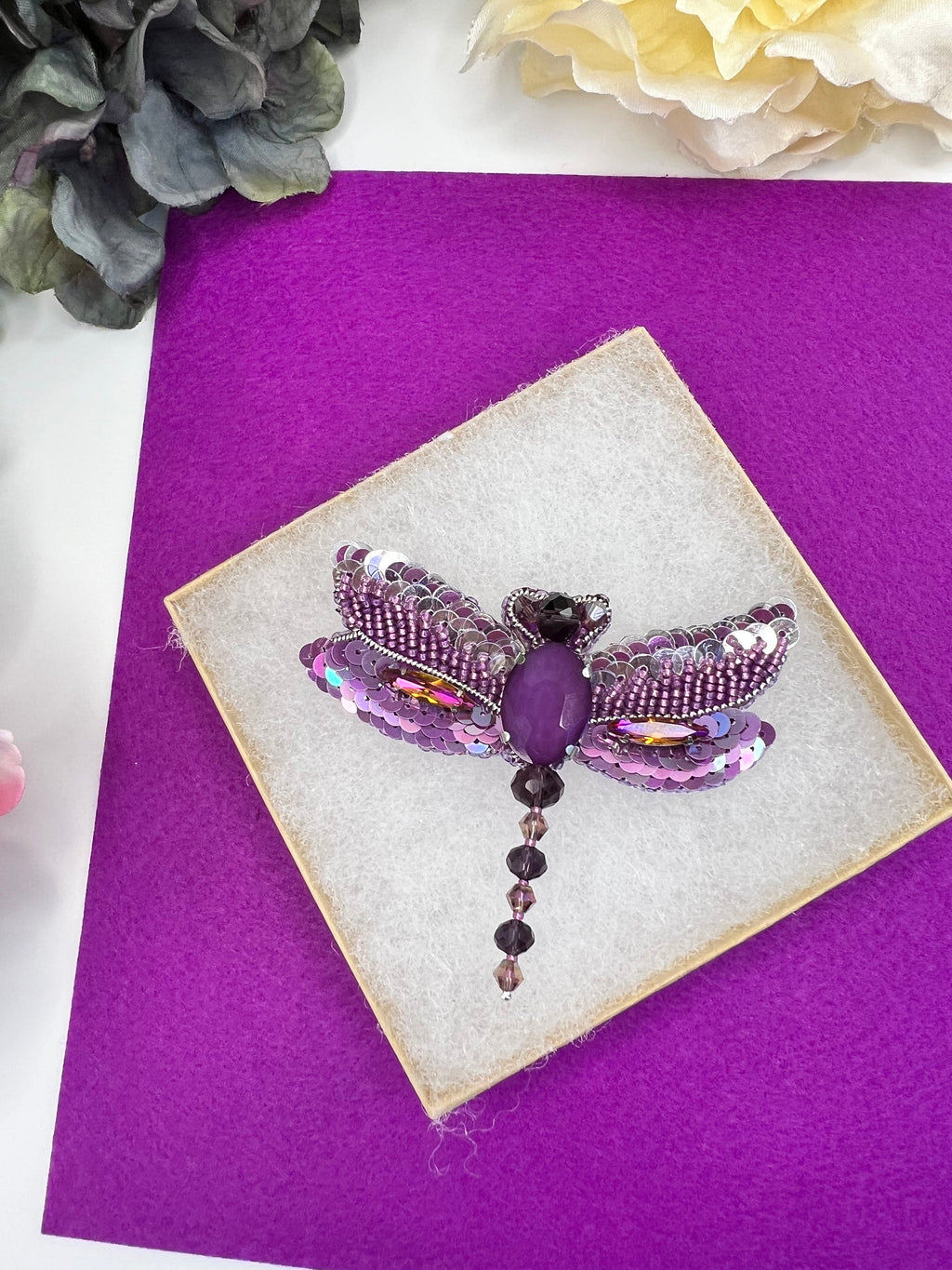 Beaded Dragonfly Pin: Miyuki Beads, Sequins, Crystals