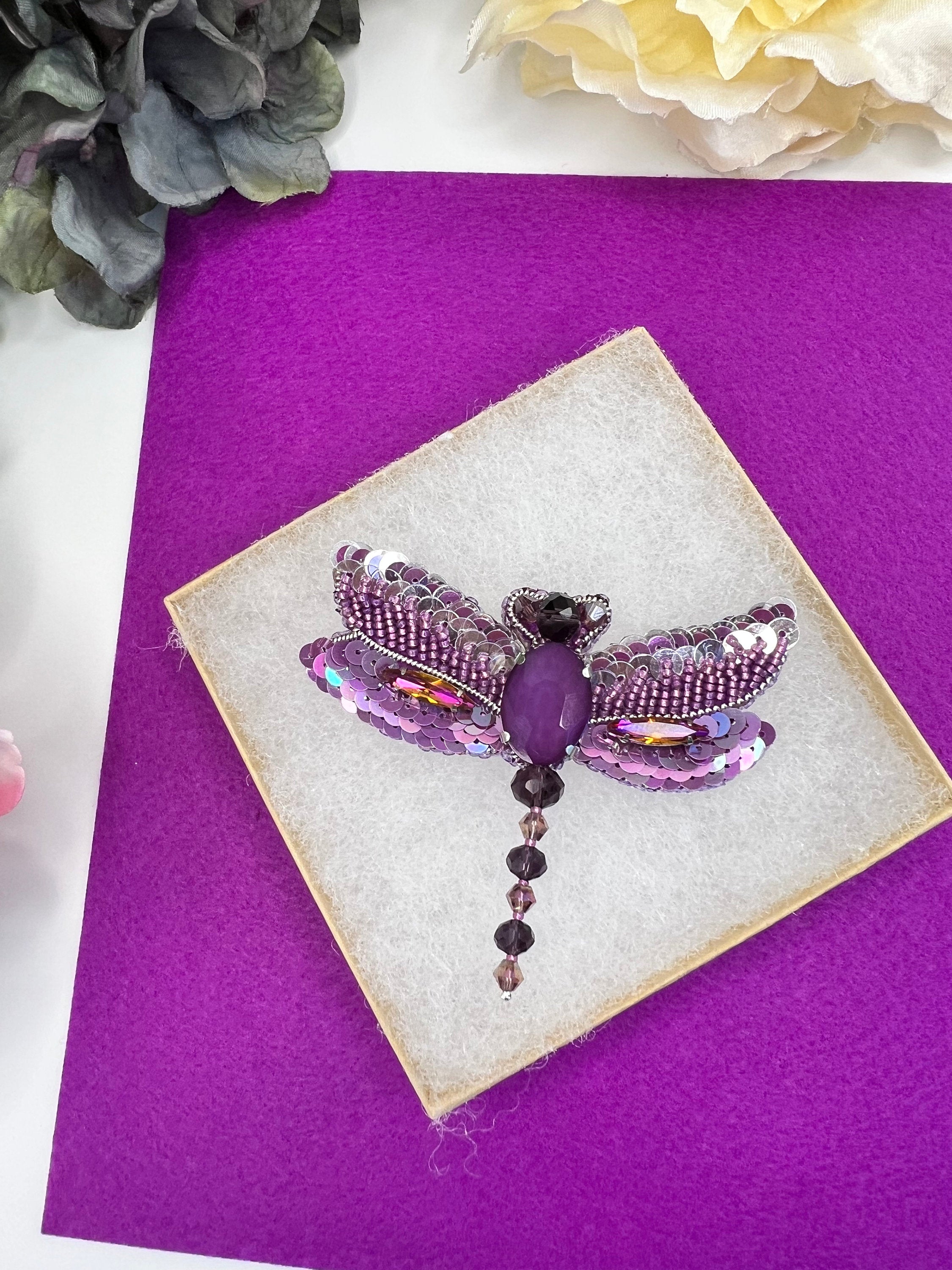 Beaded Dragonfly Pin: Miyuki Beads, Sequins, Crystals