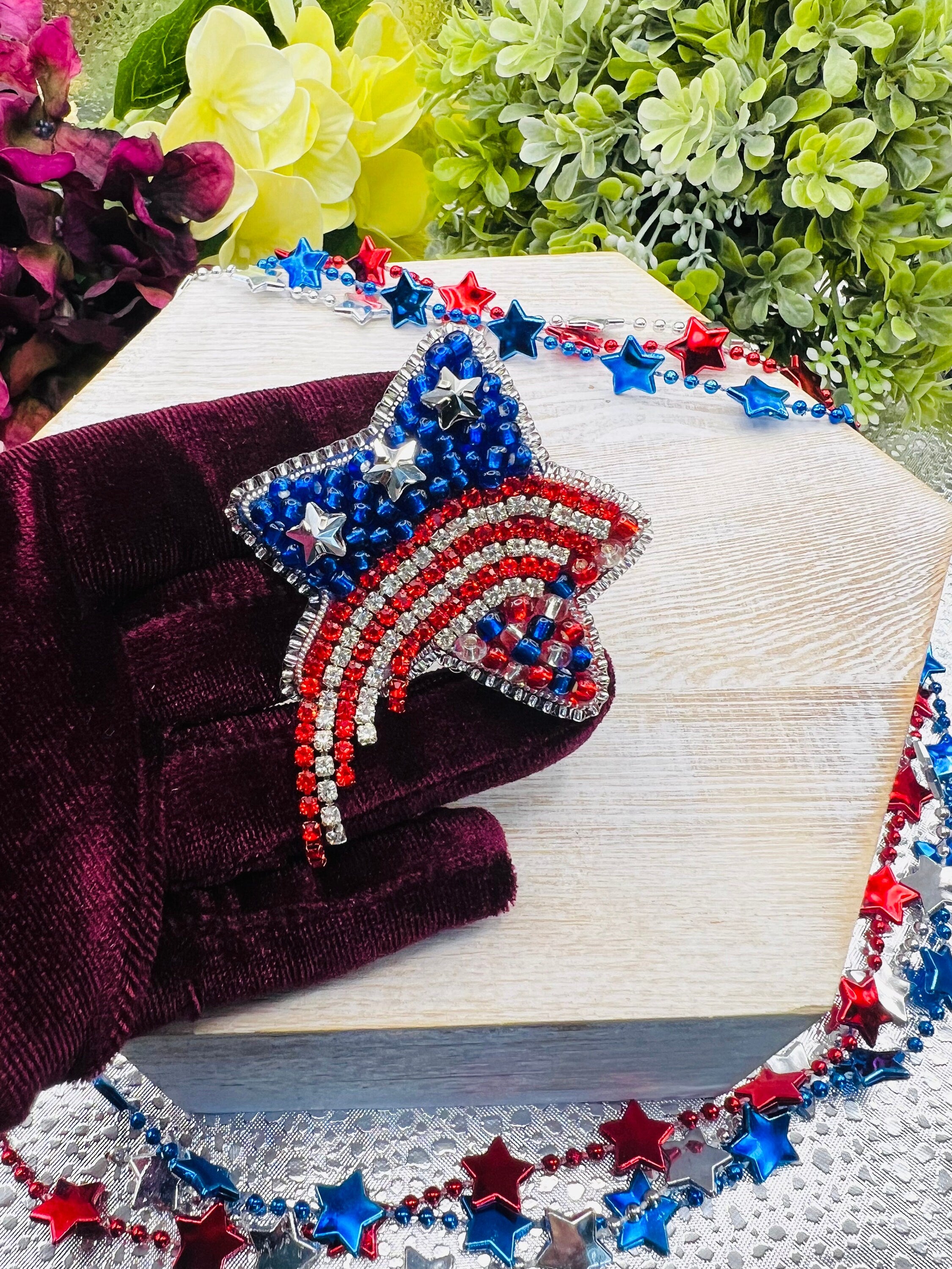 Patriotic Star Brooch, Rhinestone Fireworks Pin, Artisan Gift