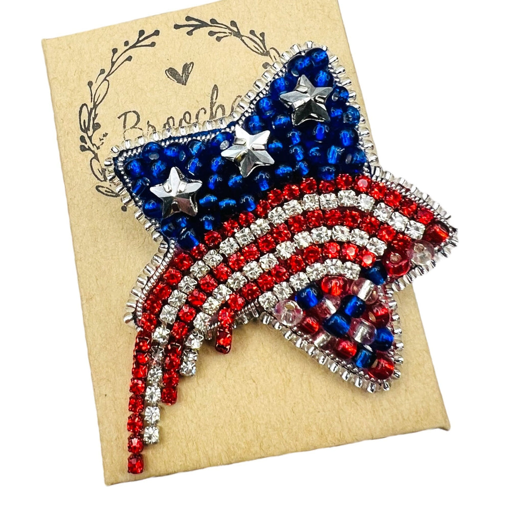 Patriotic Star Brooch, Rhinestone Fireworks Pin, Artisan Gift