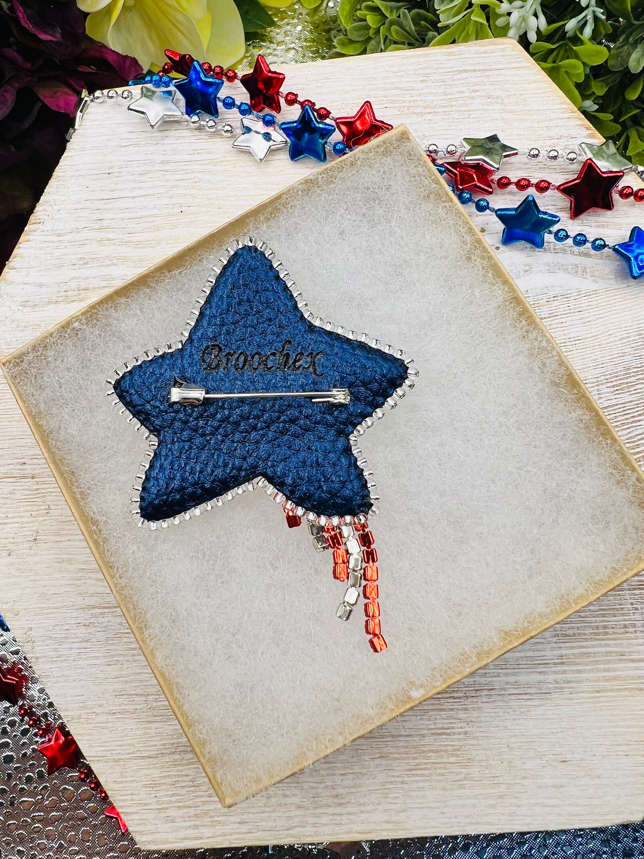 Patriotic Star Brooch, Rhinestone Fireworks Pin, Artisan Gift