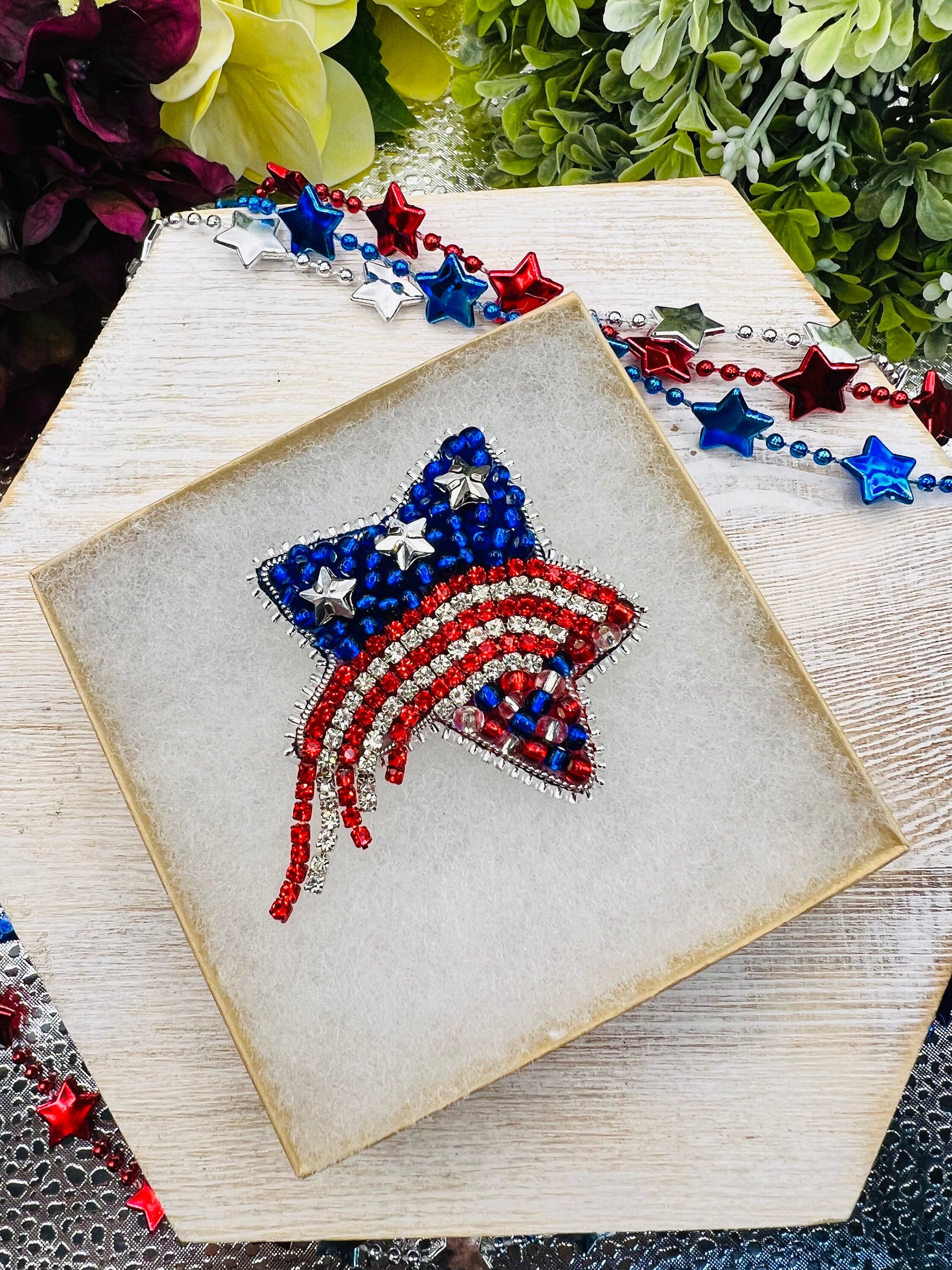 Patriotic Star Brooch, Rhinestone Fireworks Pin, Artisan Gift