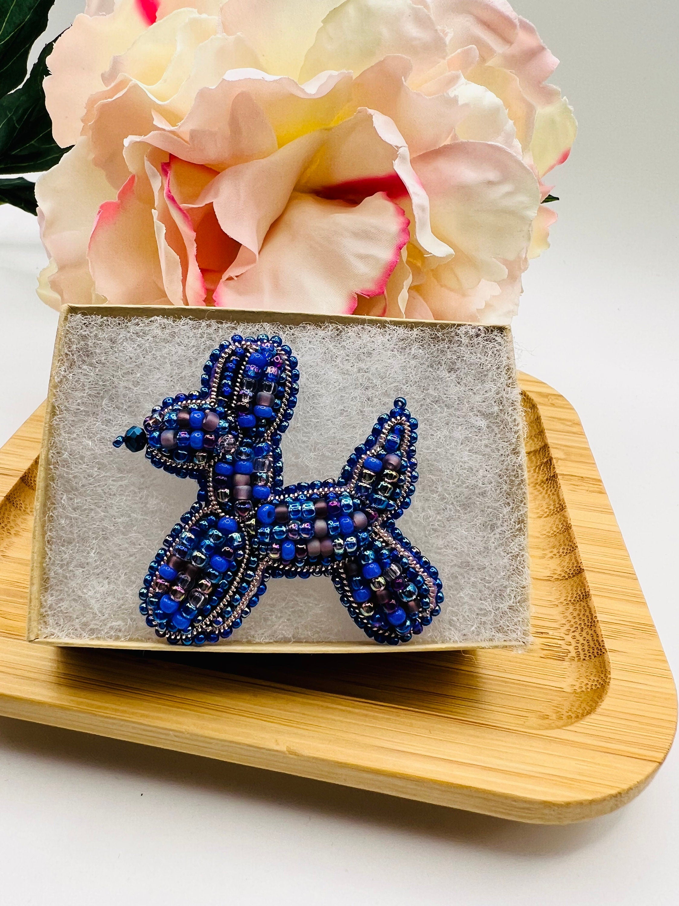 Beaded Balloon Dog Brooch: Czech Glass Crystal Pin