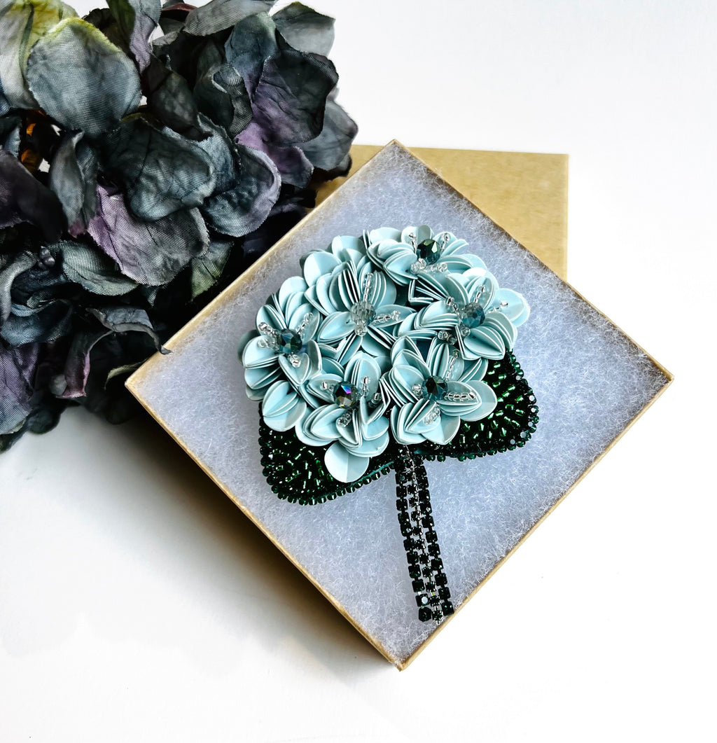 Handcrafted Hydrangea Brooch: Italian Sequins, Japanese Beads, Crystals