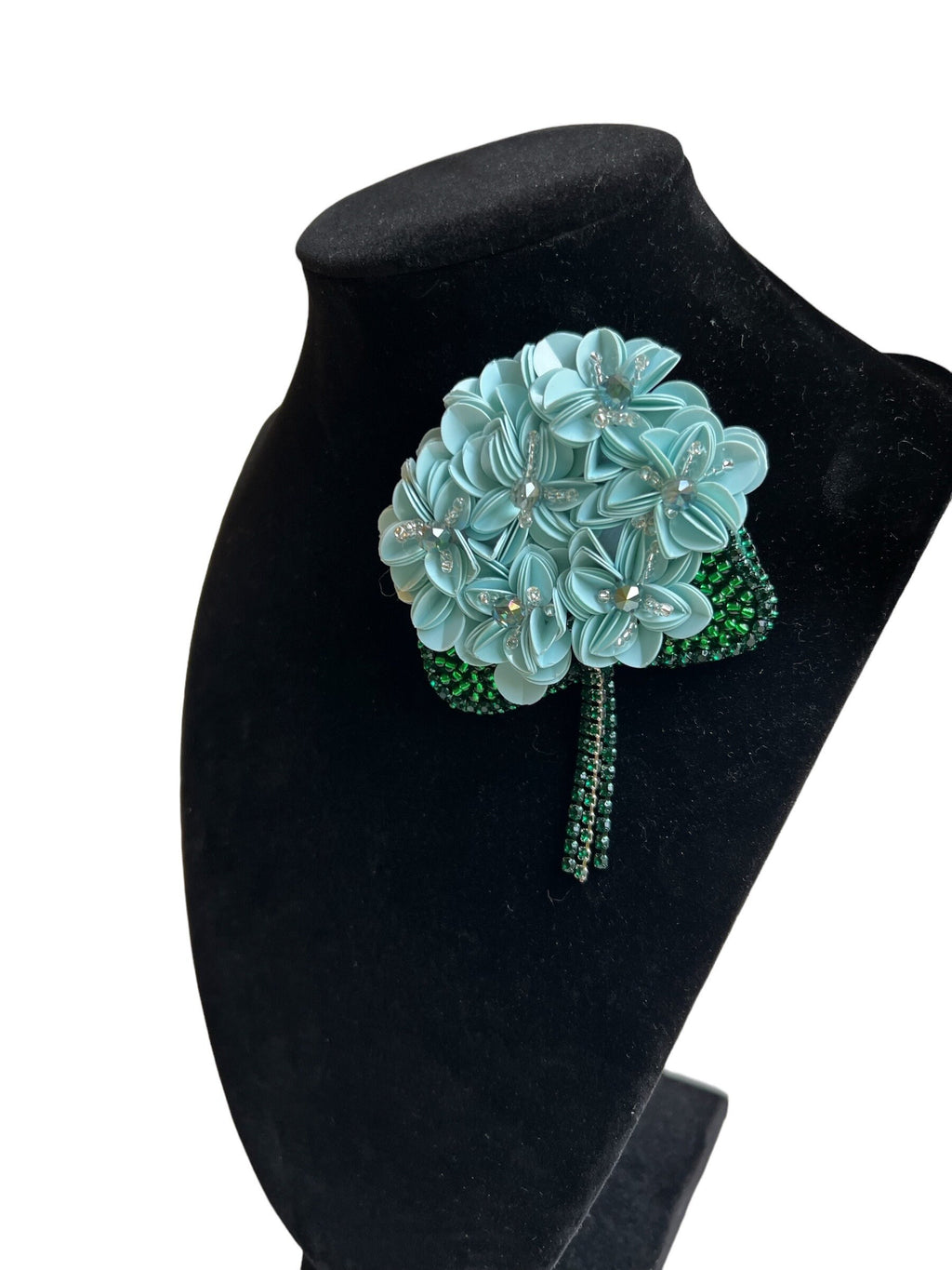 Handcrafted Hydrangea Brooch: Italian Sequins, Japanese Beads, Crystals