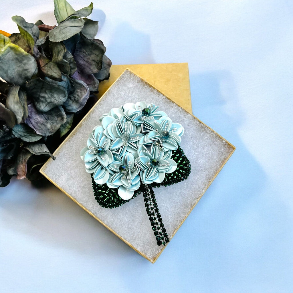 Handcrafted Hydrangea Brooch: Italian Sequins, Japanese Beads, Crystals