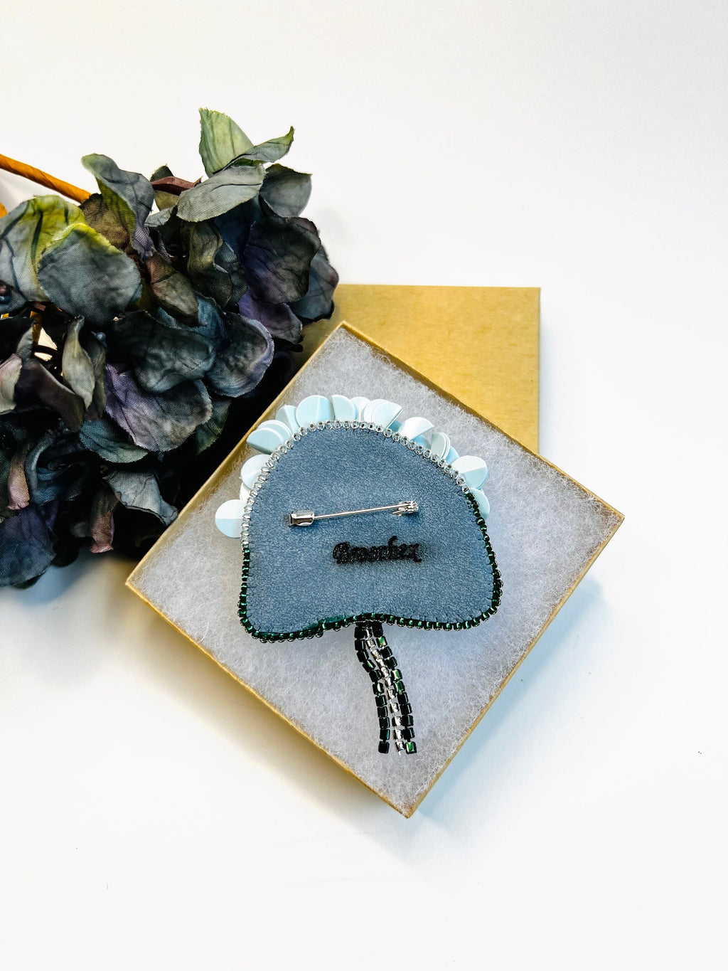 Handcrafted Hydrangea Brooch: Italian Sequins, Japanese Beads, Crystals