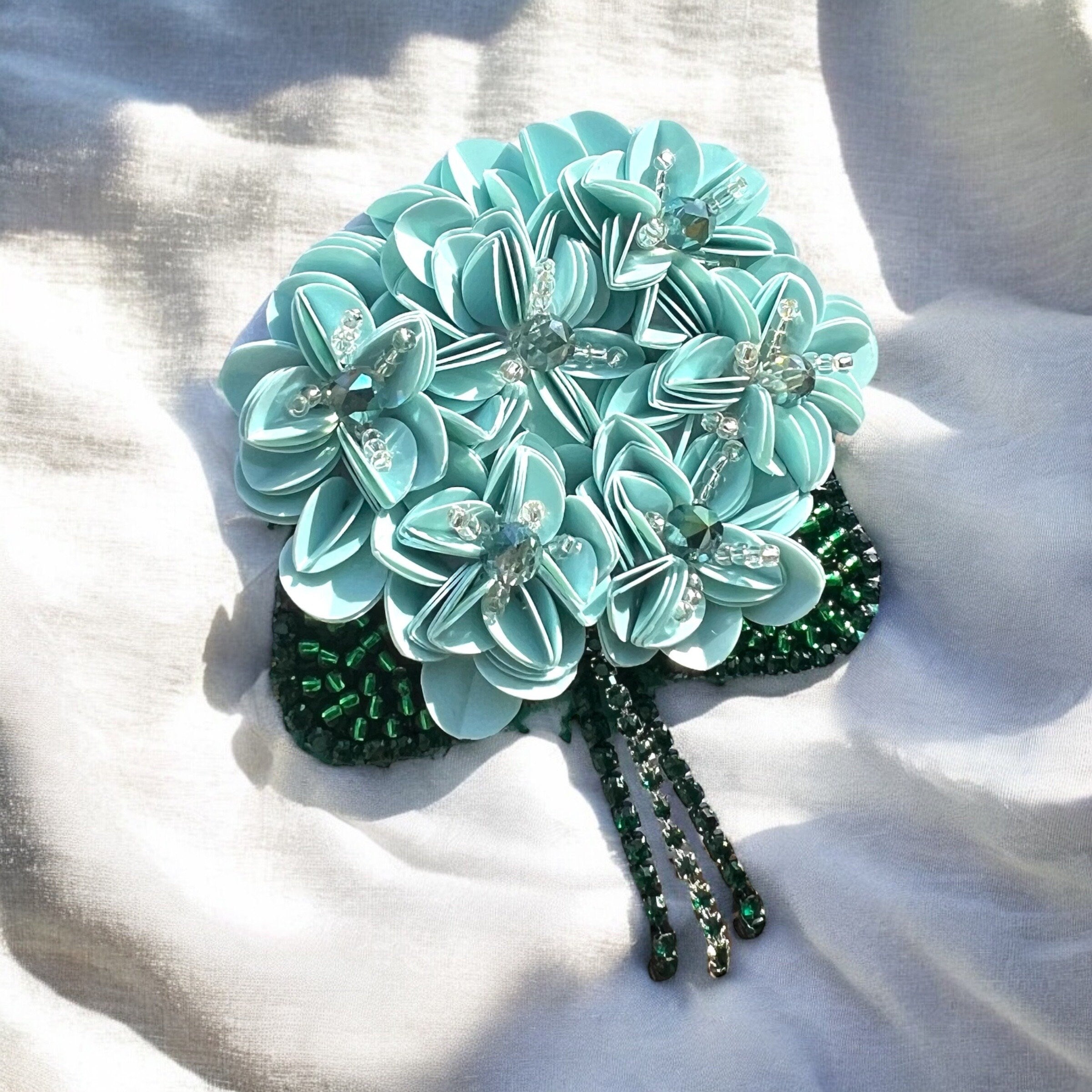 Handcrafted Hydrangea Brooch: Italian Sequins, Japanese Beads, Crystals