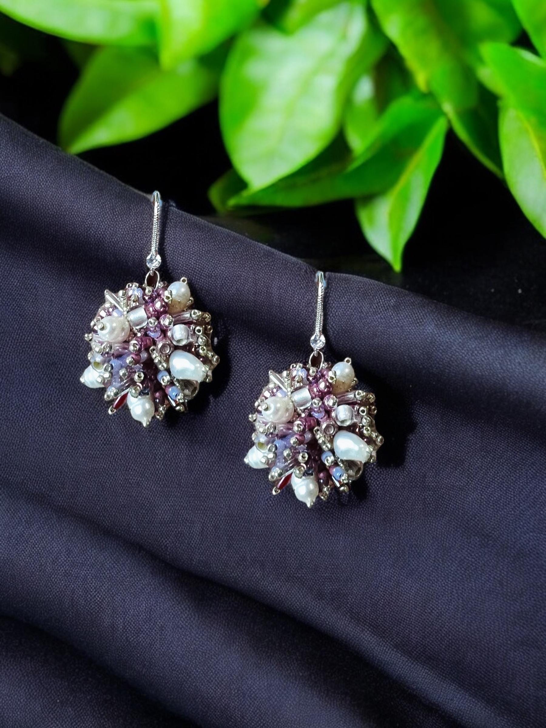 Blossom sphere earrings, Sphere beaded set, Pearl gift