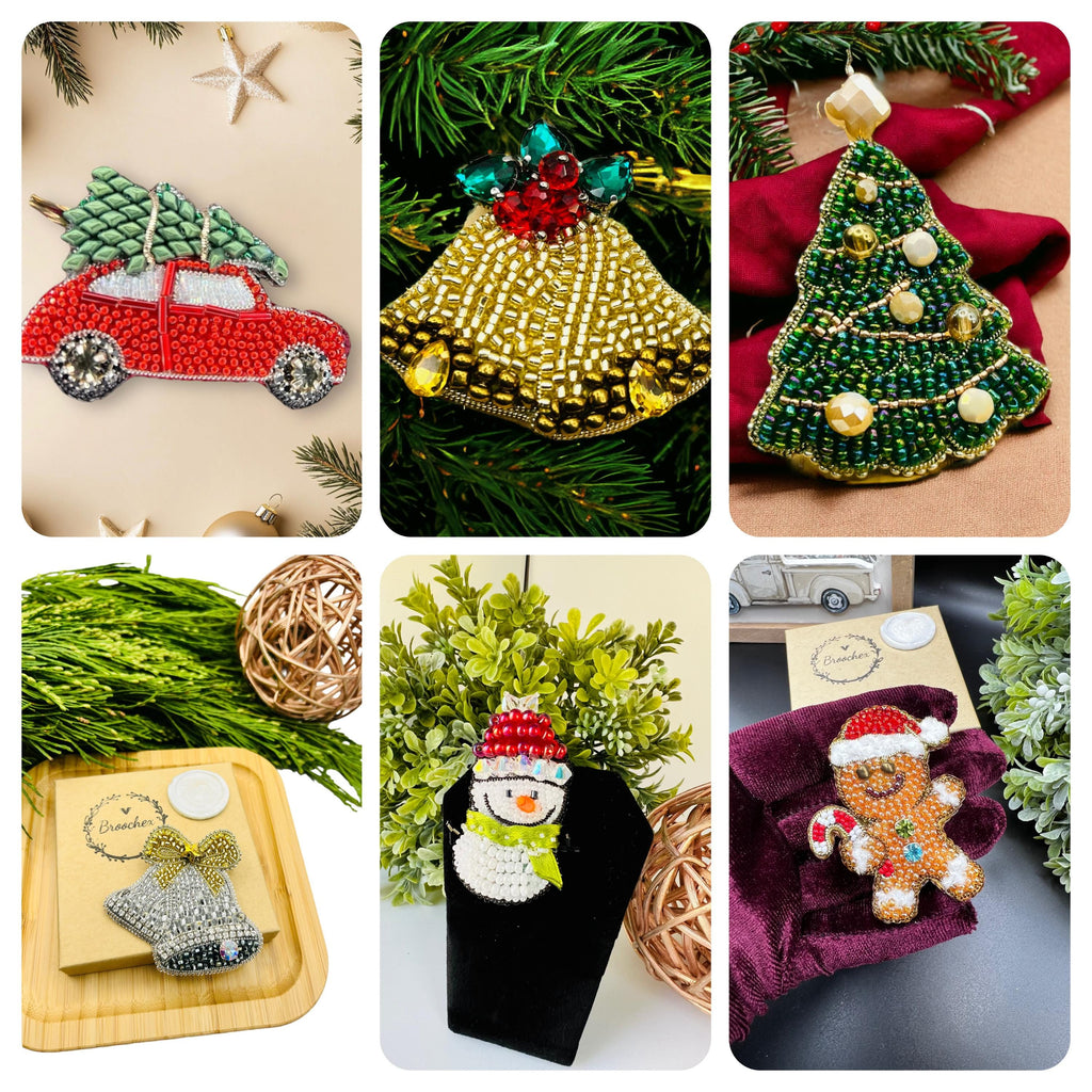 Beaded Christmas Brooch: Holiday Car, Tree, Bells, Snowman
