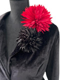 Handcrafted Satin Flower Pin: Elegant Black & Red Accent