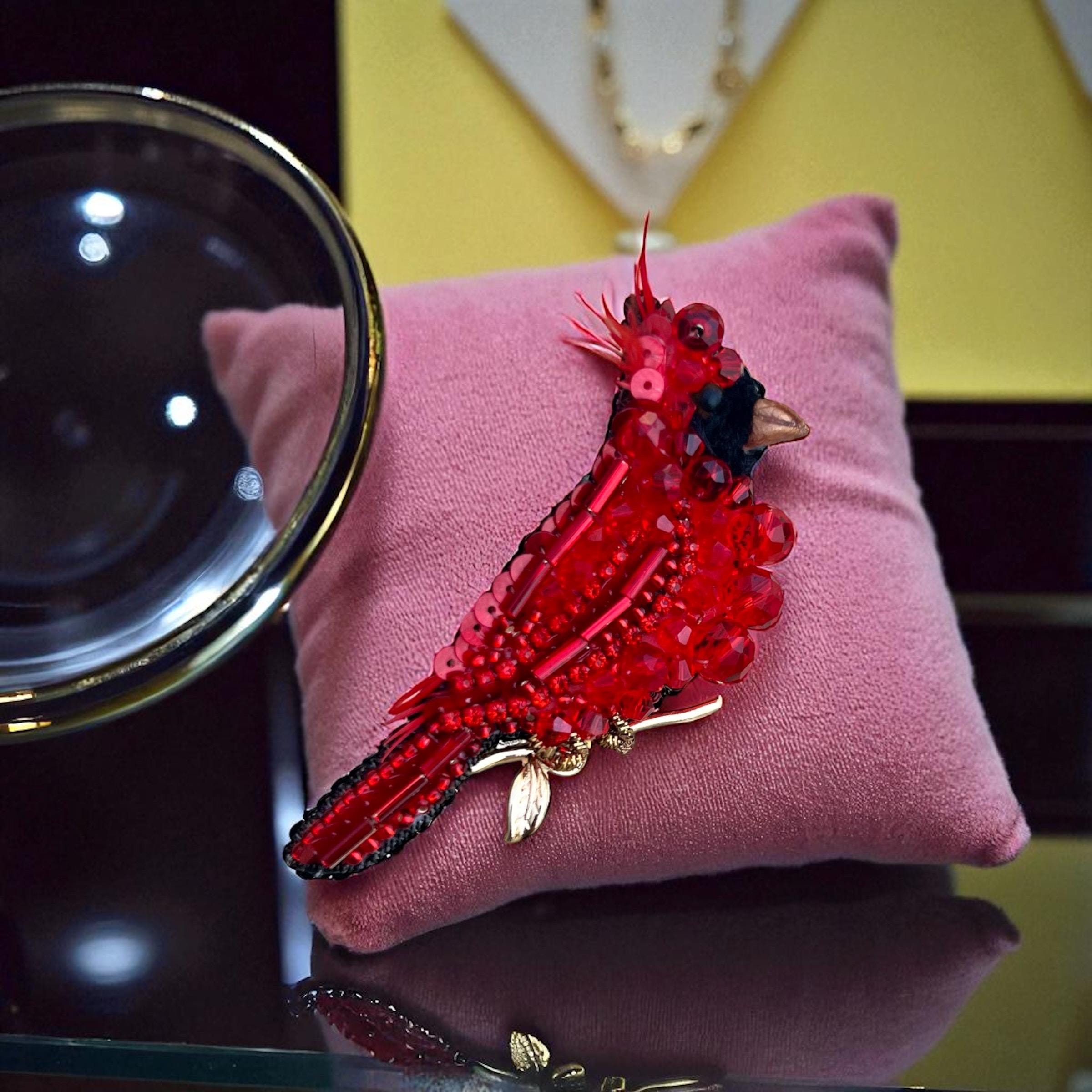 Red Cardinal Bird Pin – Handcrafted Beaded Brooch