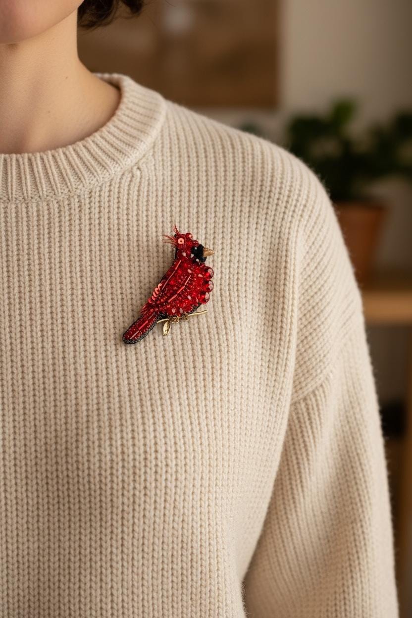 Red Cardinal Bird Pin – Handcrafted Beaded Brooch