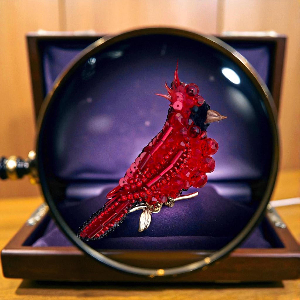 Red Cardinal Bird Pin – Handcrafted Beaded Brooch