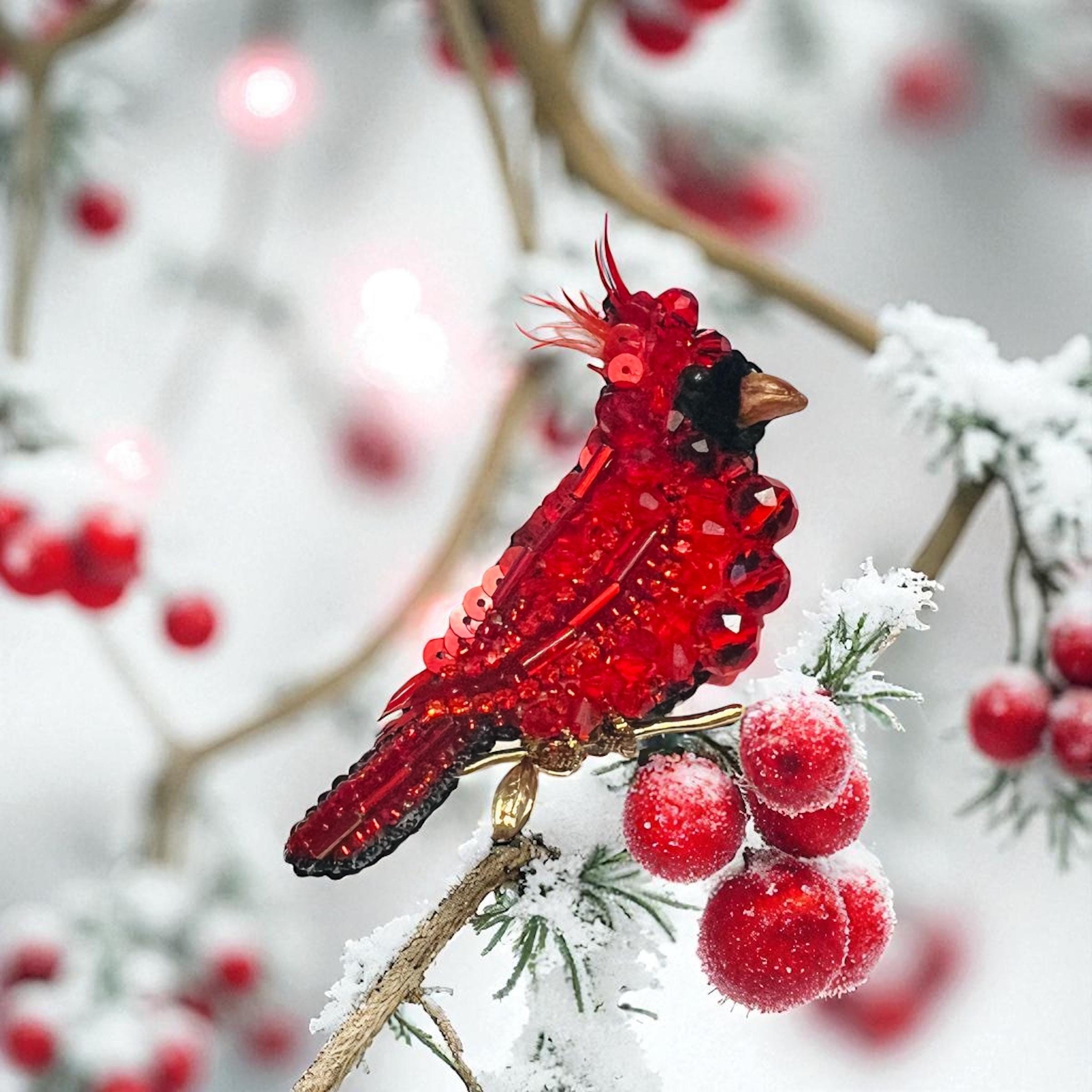 Red Cardinal Bird Pin – Handcrafted Beaded Brooch